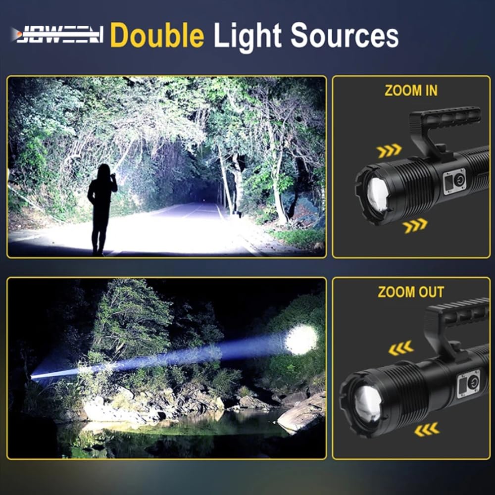 Ijoween 7018 Handheld Rechargeable Led Flashlight, Super Bright Torch With High Lumen,11 Light Modes, 4 Batteries Of 10400Mah With Power Bank Function