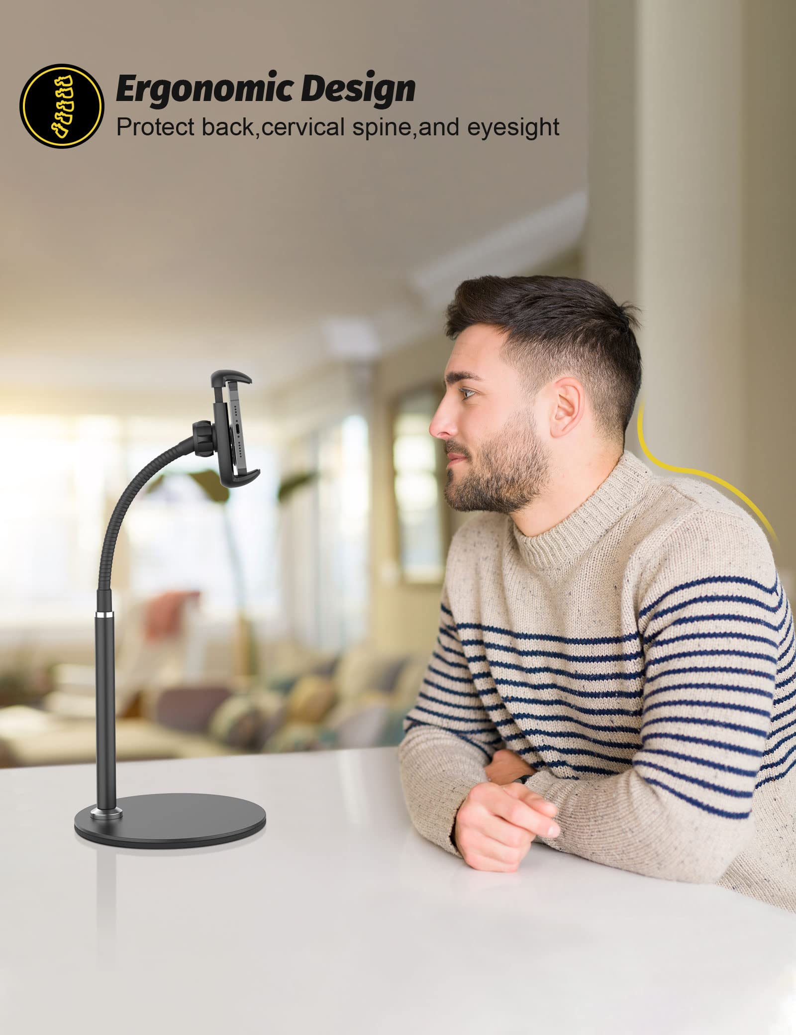 Klsniur Cell Phone Stand, Adjustable Height & Angle Gooseneck Stand For Desk Flexible Arm Universal Holder, Aluminum Alloy Desktop Recording Compatible With 3.5"-7" Device (Black)