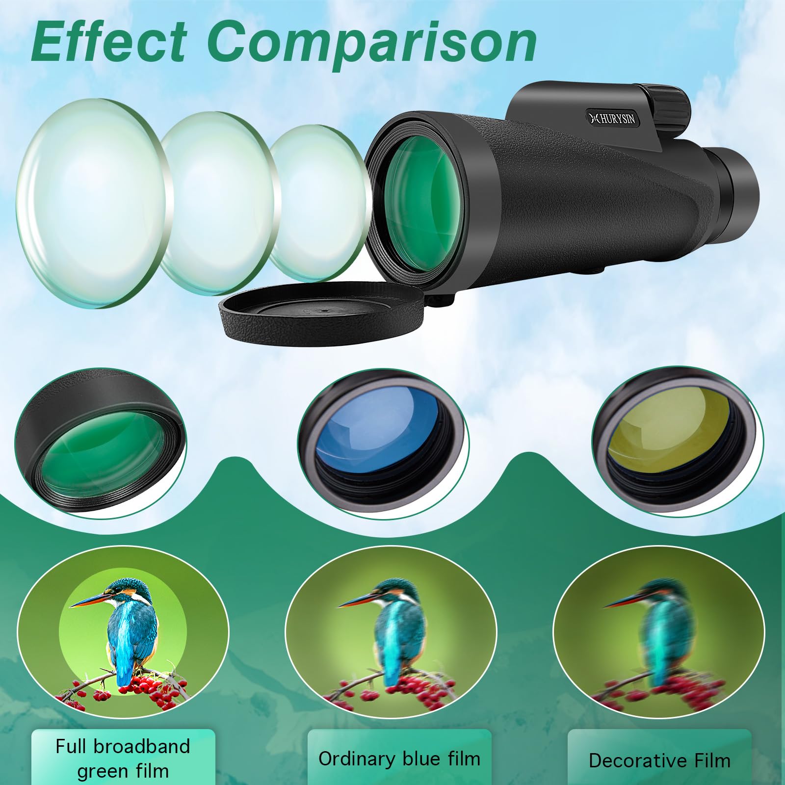 Hurysin 8X42 Monocular Telescope – Military-Grade, Compact, Waterproof & Fogproof, Nitrogen-Filled, Fmc Green Coated Optics, Bk7 Prism, Ideal For Bird Watching, Hunting, Camping & Wildlife Observation