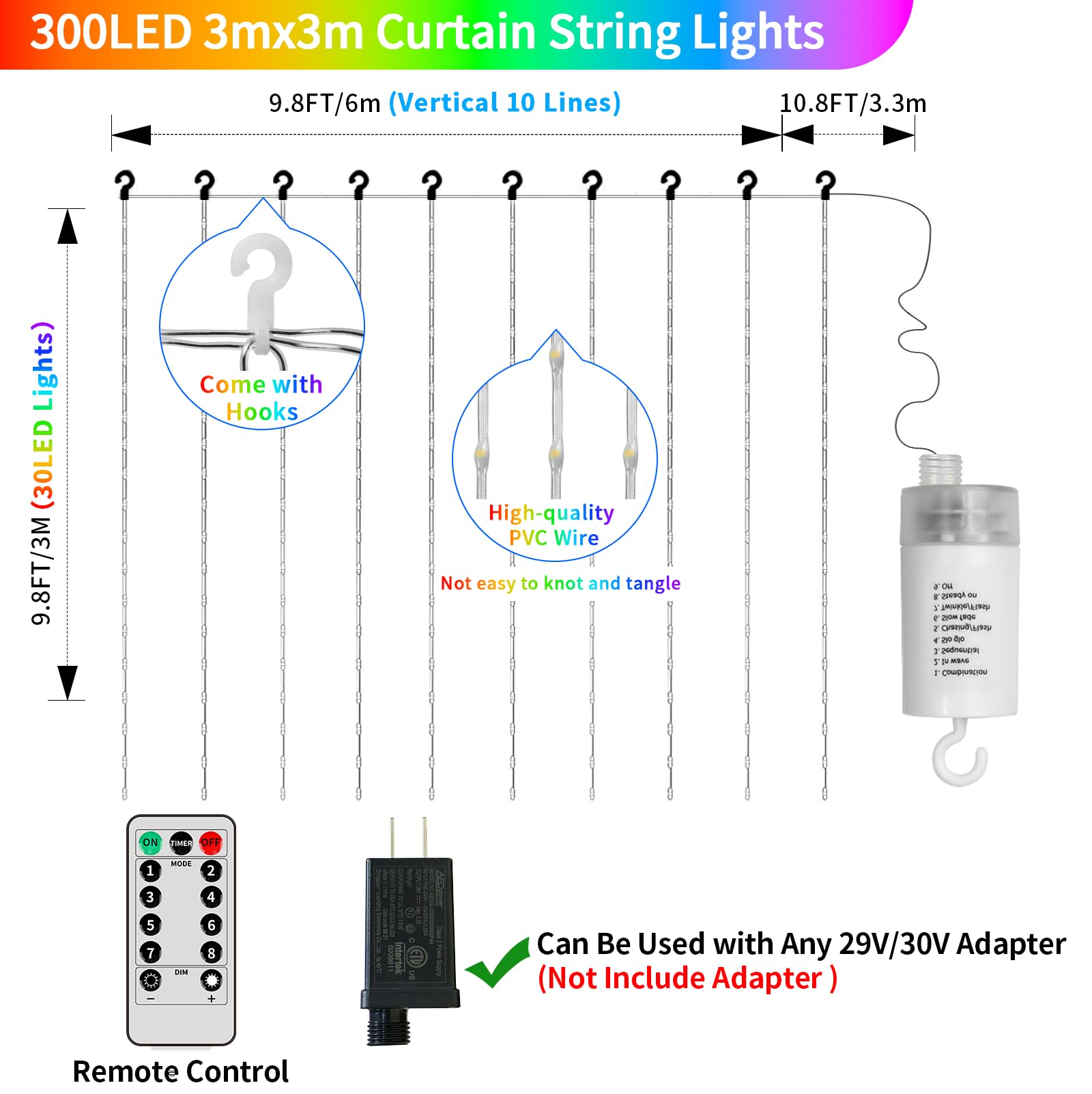 Qlirjad Curtain Lights Battery Operated 10X10Ft 300Led Waterproof Waterfall Light With 8 Modes Remote Dimmable Timer Memory Twinkle Fairy String Lights For Outdoor Indoor Gazebo Wedding Pergola Patio Bedroom