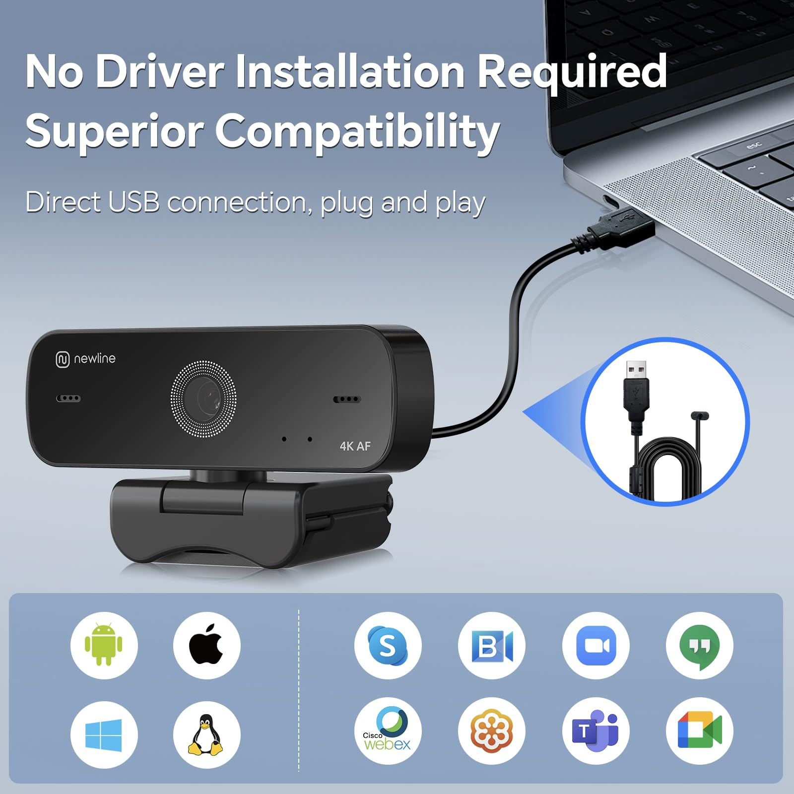 N line 4K Webcam For Pc, 4K Uhd Usb Webcam With Microphone, Auto Focus, Low Distortion, Privacy Cover, Pc Camera W/Tripod Stand For Zoom, Skype, Teams, Laptop, Conferencing, Calling, eye 60