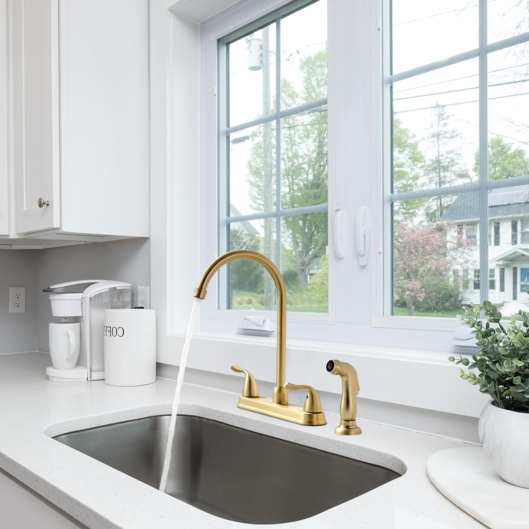 Fropo Gold Kitchen Faucet With Side Sprayer - 2 Handle 8 Inch 3 Or 4 Hole Modern Brass Matte Gold Faucet Set With High Pressure Sprayer & Supply Lines