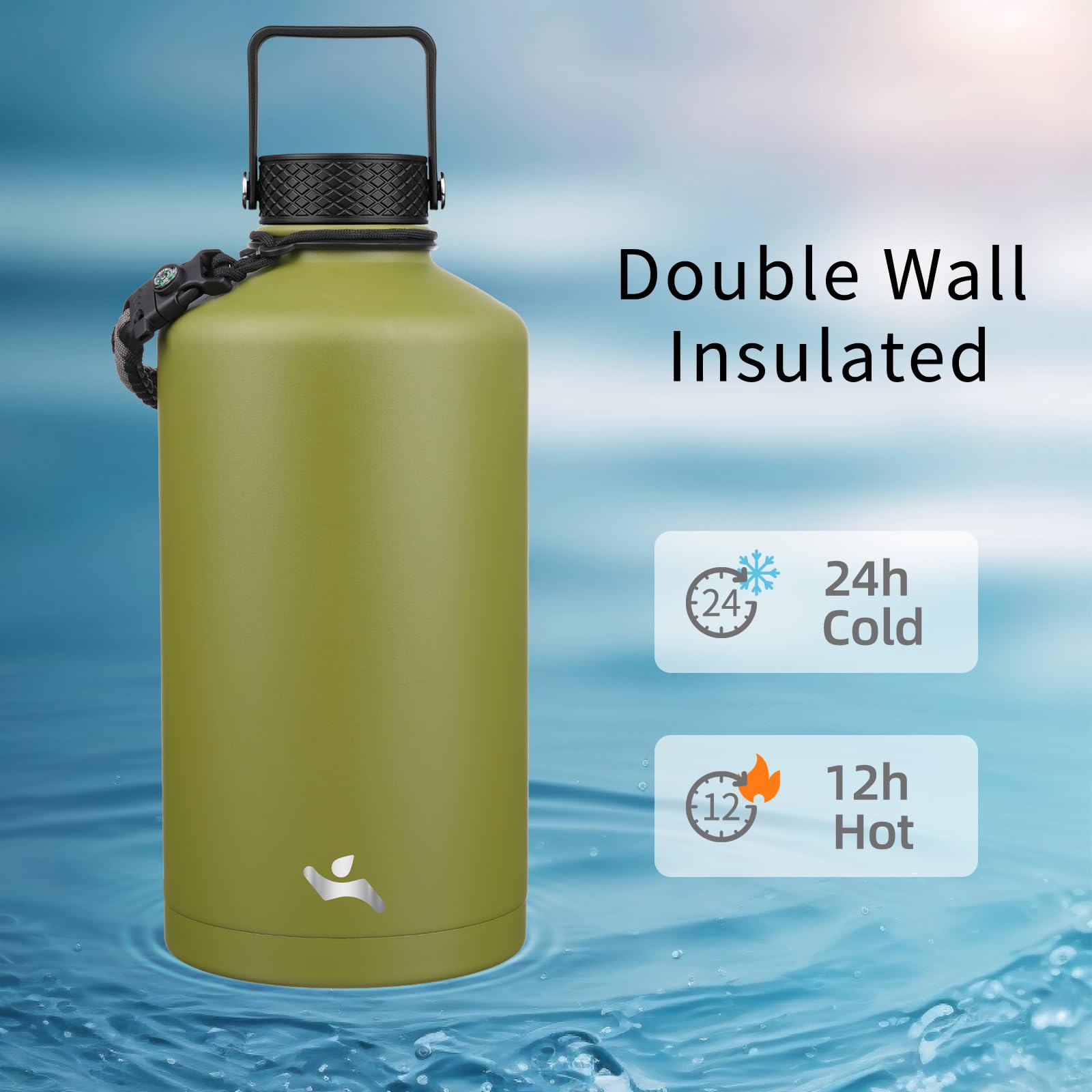 Gallon Insulated Water Bottle With Straw,128 Oz 3 Lids Water Jug With Carrying Bag,Paracord Handle