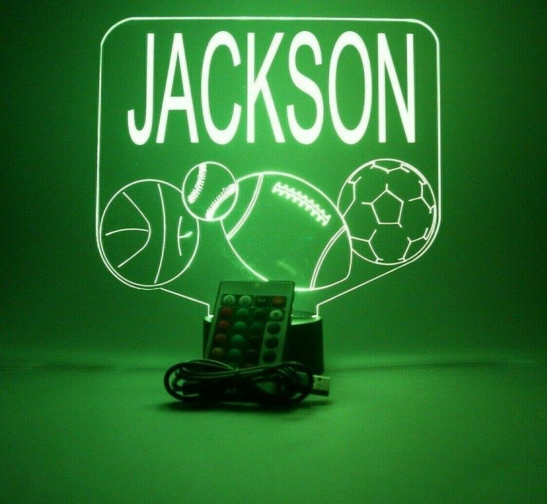 Mirror Mania Sports Array Soccer Ball Baseball Football Basketball With Custom Name Night Light Up Lamp Led Engraved Custom Name Personalized Athletic Table Lamp With Remote, 16 Colors, It'S Wow, Great