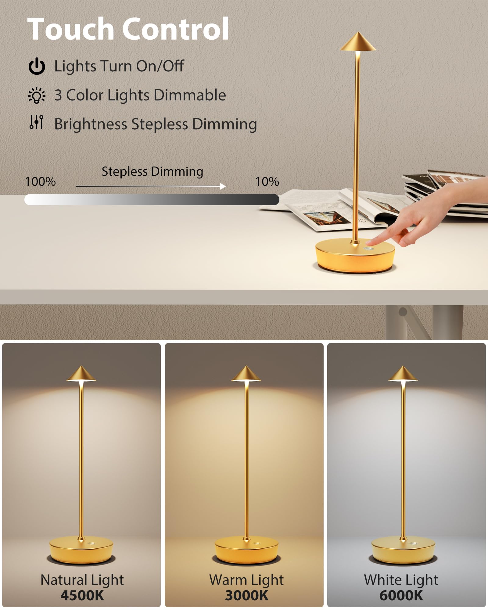 Shangcai Cordless Table Lamps Rechargeable, 6000Mah Battery Operated Led Desk Lamp Outdoor Waterproof Portable Touch Dimmable Table Night Light For Patio Restaurant Dining Home Set Of 2 Gold