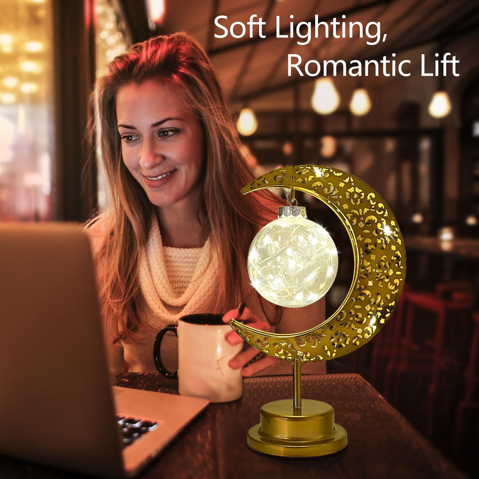 Mayamila Decorative Table Lamp, Crescent Moon Lamp Ramadan Table Decor, Battery Powered Christmas Ramadan Desk Lamp Decorations For Home, Patterned Hollow Out Warm Boho Light For Bedrooms Nightstand