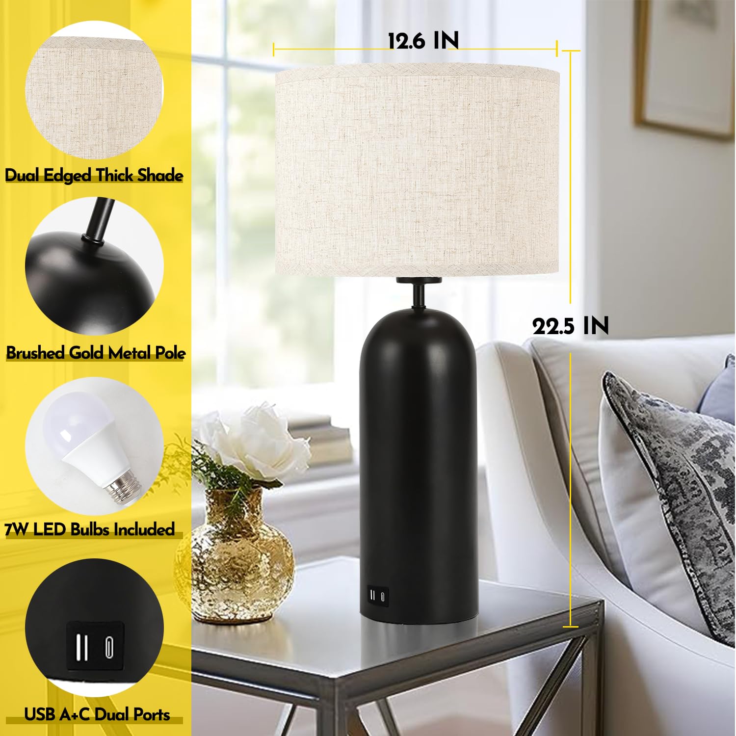 Momyofdy Table Lamps Set Of 2 Touch Control Black&Cream Table Lamps 3-Way Dimmable Lamps With Usb A+C Ports Modern End Table Lamps For Living Room Tall Bedside Nightstand Lamps For Bedroom 22Inch