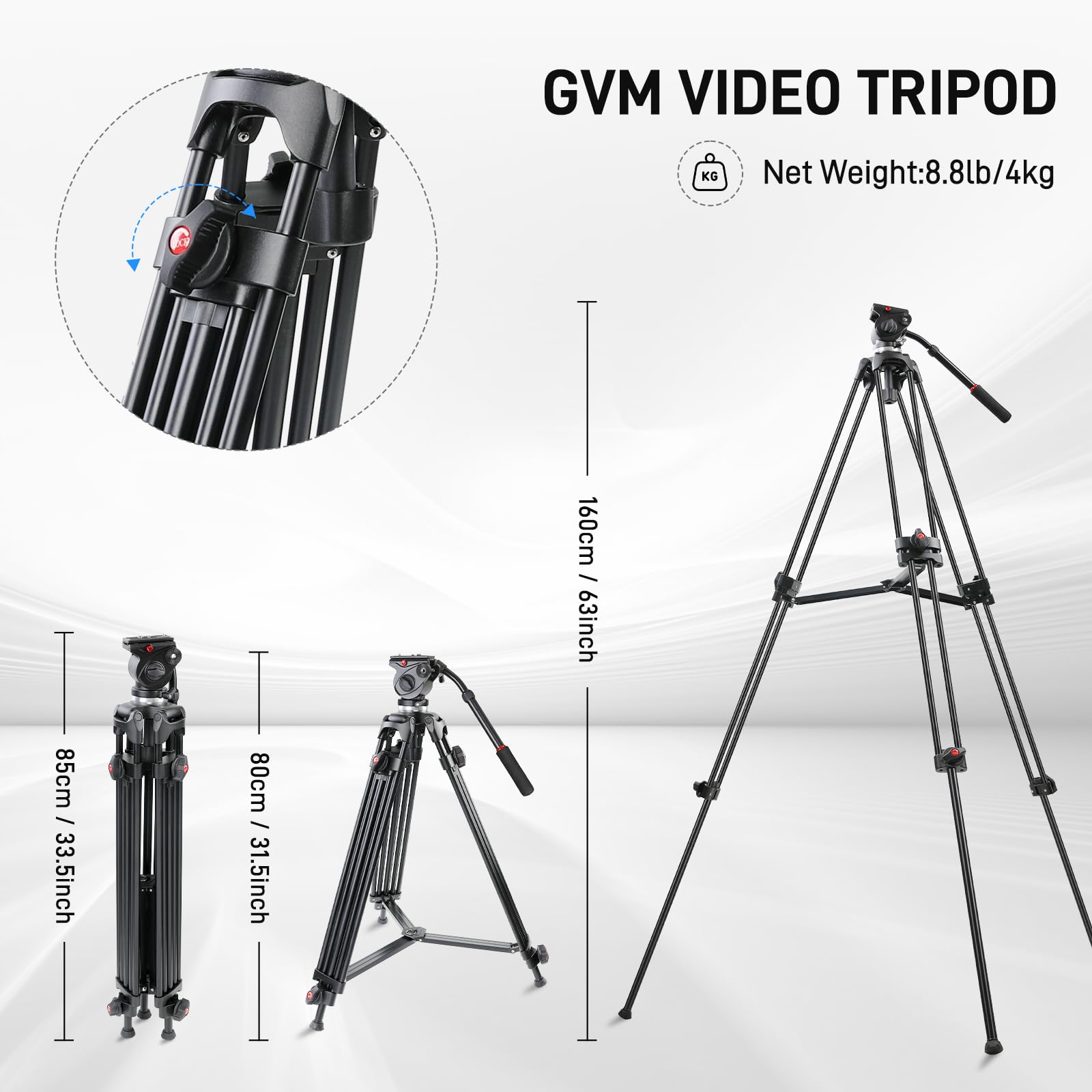 Gvm 63" Video Tripod With Fluid Head With Adjustable Damping, Heavy Duty Aluminum Alloy Tripod Stand With Base Fixed Bracket For Camcorders/Dslr, Max Load 22Lb, Compatible With Dslr Camera Camcorders