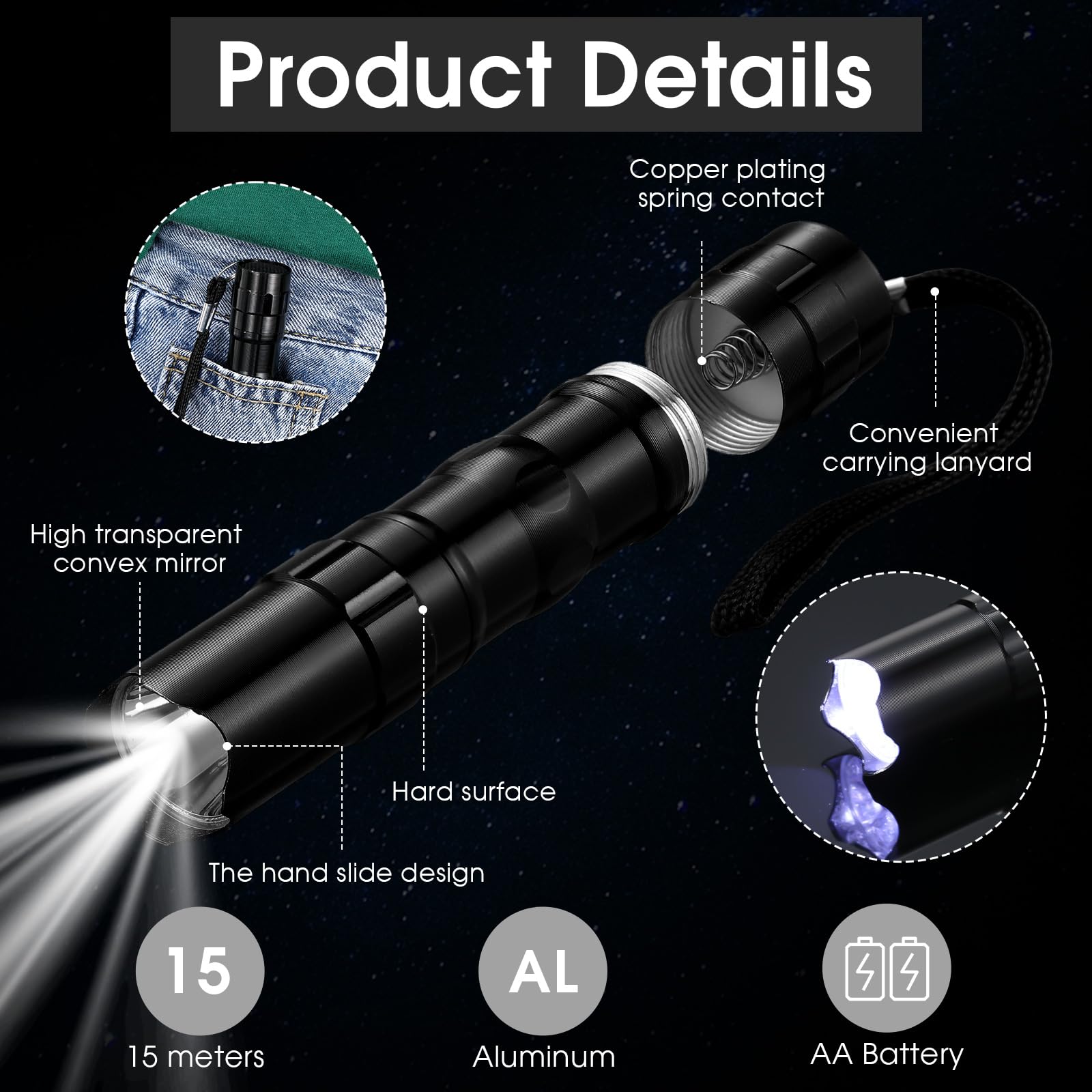 Honoson 20 Pcs Mini Pen Light Pocket Flashlights Father'S Day  Bulk Aluminum Small Tactical Flashlights With Lanyard Handheld For Camping Hiking Riding, Not Included Battery, Black(Basic)