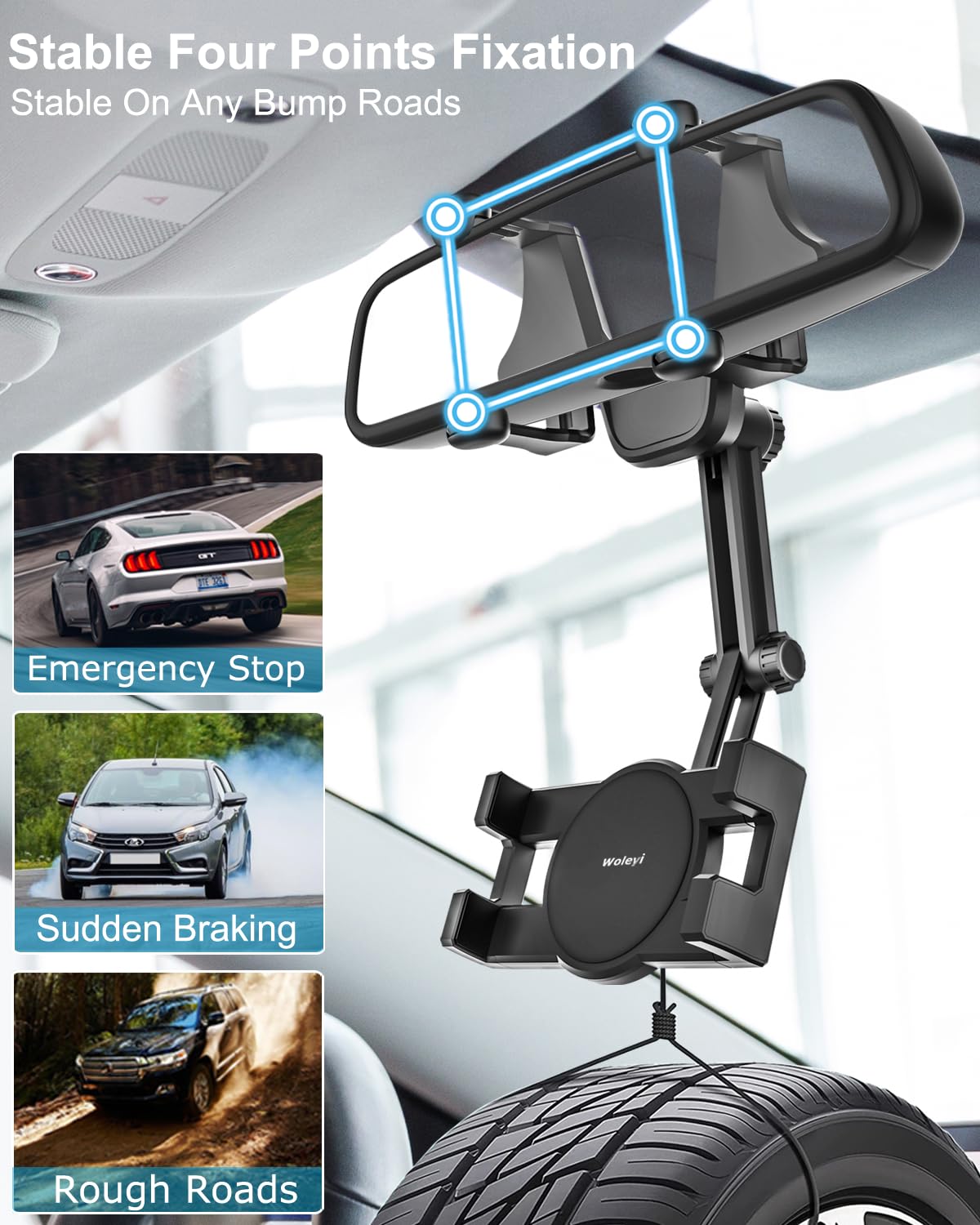 Woleyi Rear View Mirror Car Phone Holder - [Four Claws Anti-Shake] Cell Phone Mount For Car Rearview Mirror With Multifunctional 360° Rotatable & Retractable Universal Clip For Iphone 16 15 14 13 12 Pro Max