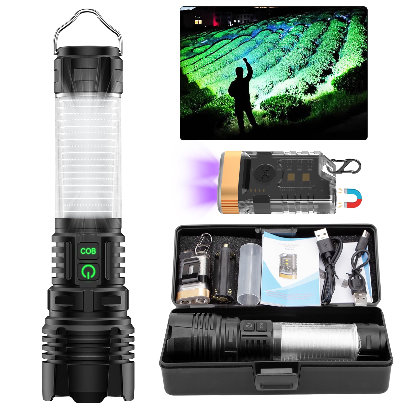 Spriak Flashlights High Lumens Rechargeable-100,000Lm Super Bright Tactical Led Flashlight,Powerful Usb C Flash Light With 360°Cob, Long Beam 3280Ft,7 Modes For Emergency,-365Nm Uv Light