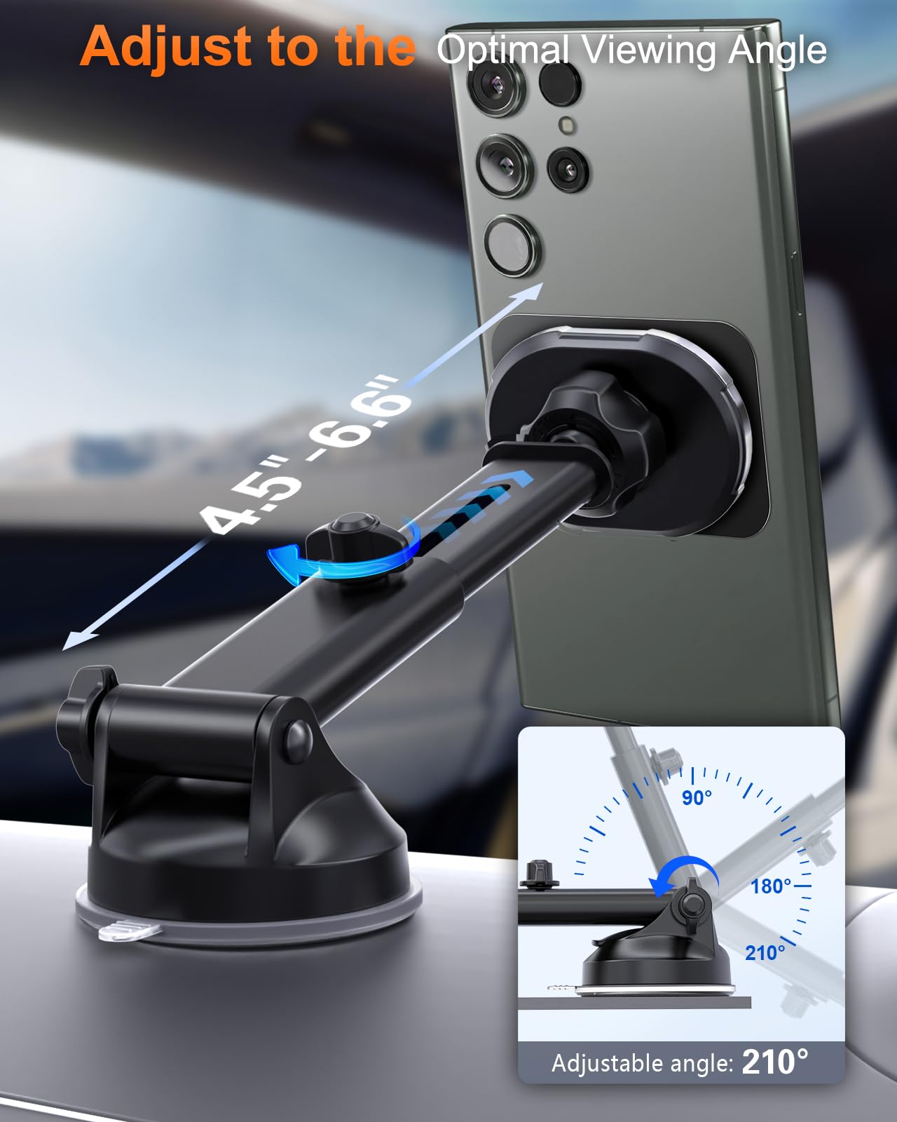 Volport Magnetic Phone Holder For Car, Industrial-Strength Suction Cup Phone Mount Windshield Dashboard, Strong Magnets Adjustable Phone Mount For Phone, Requires Metal Plate (3 Included) For Use