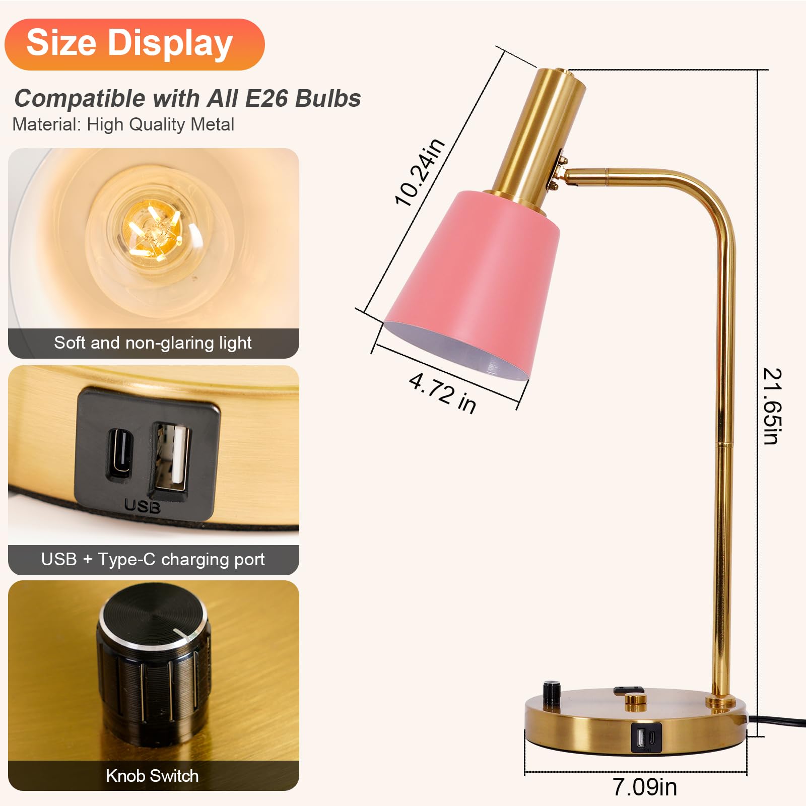 Beaysyty Pink Bedroom Lamp For Nightstand, Dimmable Bulb Table Lamp With Usb C And A Ports, Bedside Light With Ac Outlet For Kids Girls, Desk Lamp With Brass Metal Base