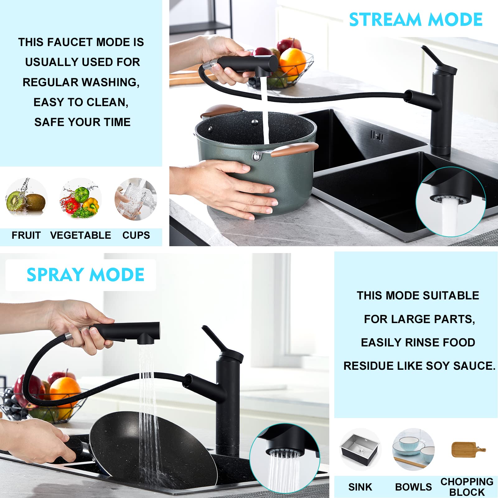 Crea Kitchen Faucets,Bar Sink Faucet,Black Kitchen Sink Faucet Pull Out Sprayer Utility Prep Wet Faucet Small Single Handle Hole Faucet,Commercial Modern Rv Sink Low Arc Faucet Outdoor Laundry