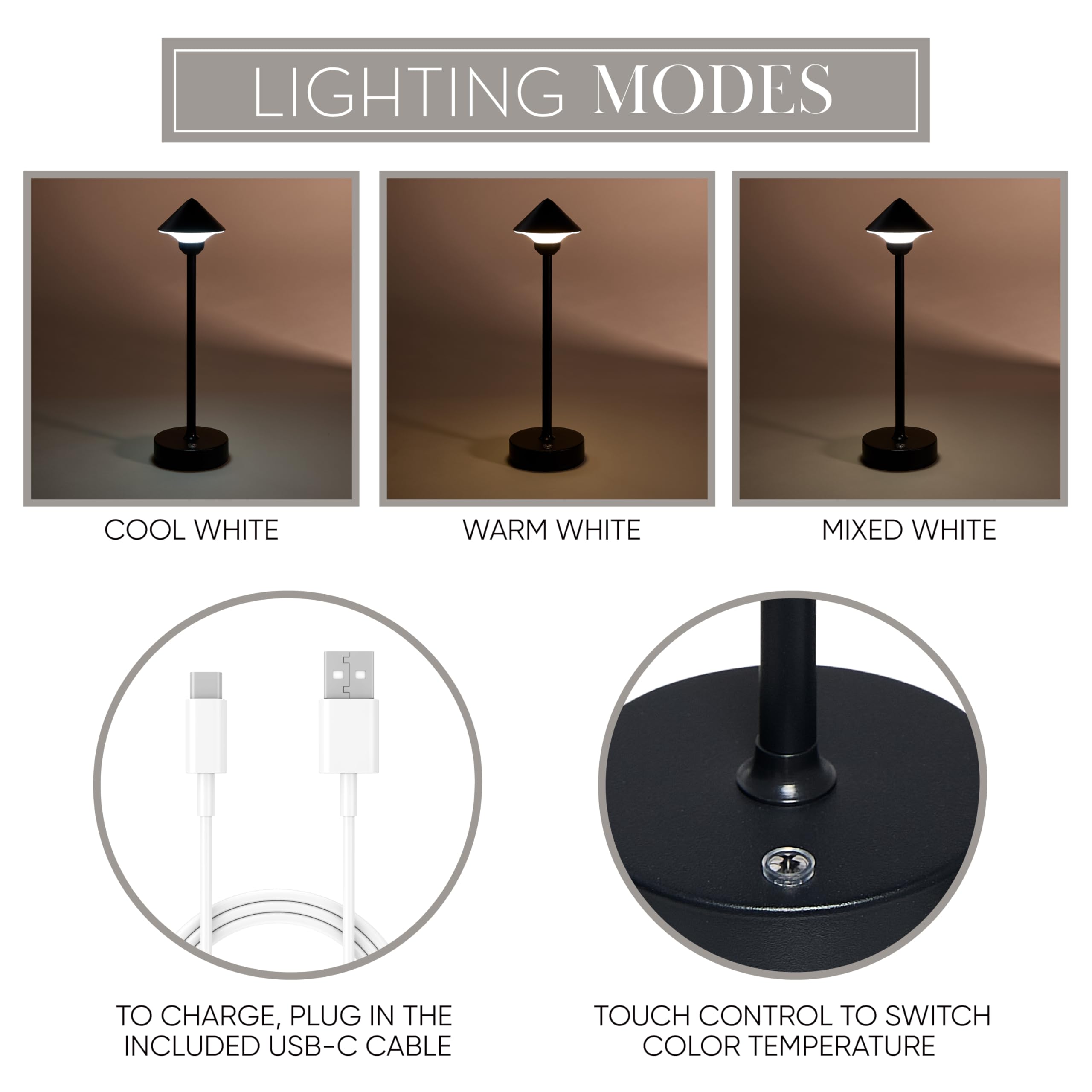 Camden Reed Table Lamp, Desk Lamp, 3 Different Lighting Modes, Modern Minimal Design For Dinner/Coffee Table/Restaurant/Bedroom, Cone Black
