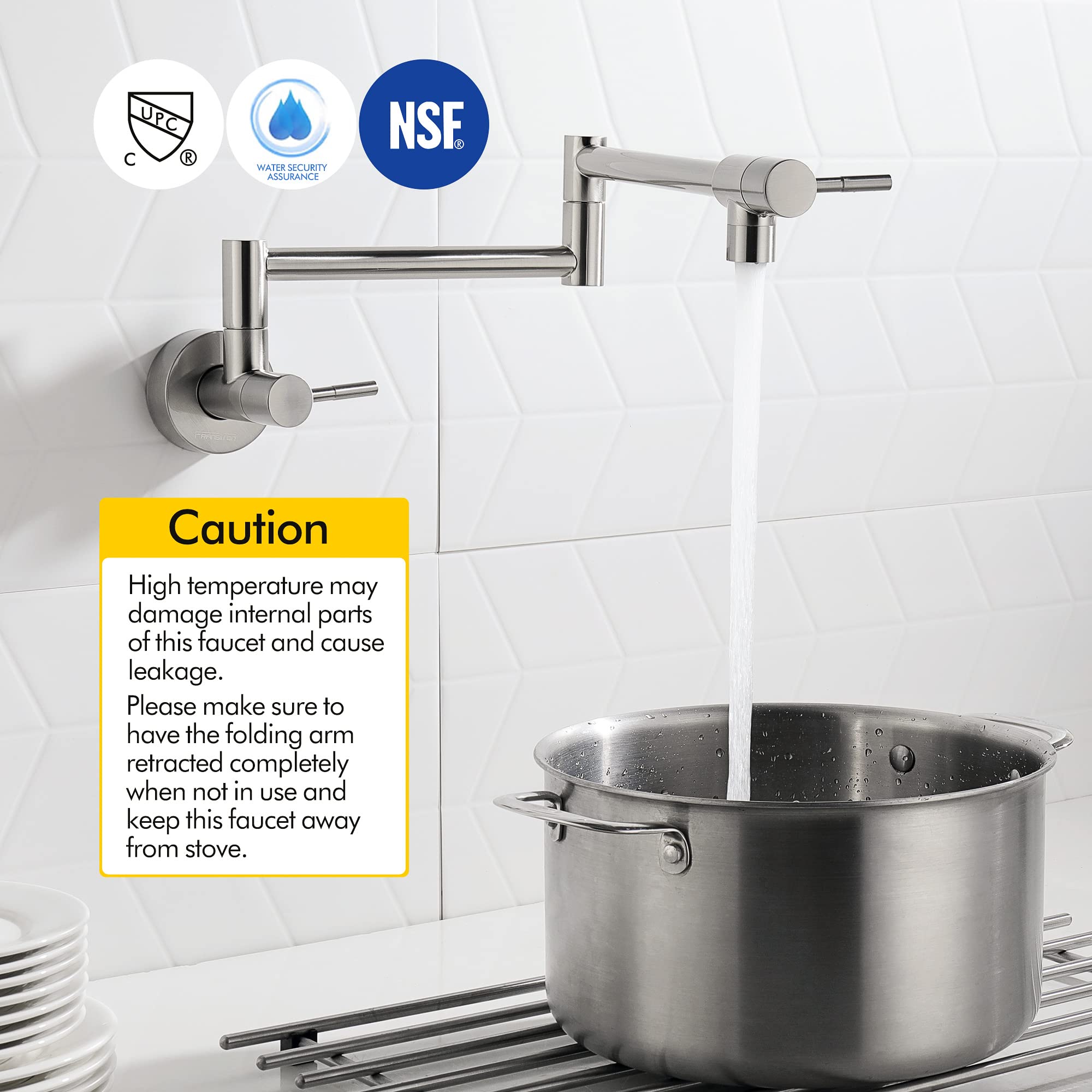 Fransiton Brushed Nickel Pot Filler, Pot Filler Faucet Wall Mount, Brass Folding Stretchable With Double Joint Swing Arm Single Hole Two Handles Kitchen Restaurant