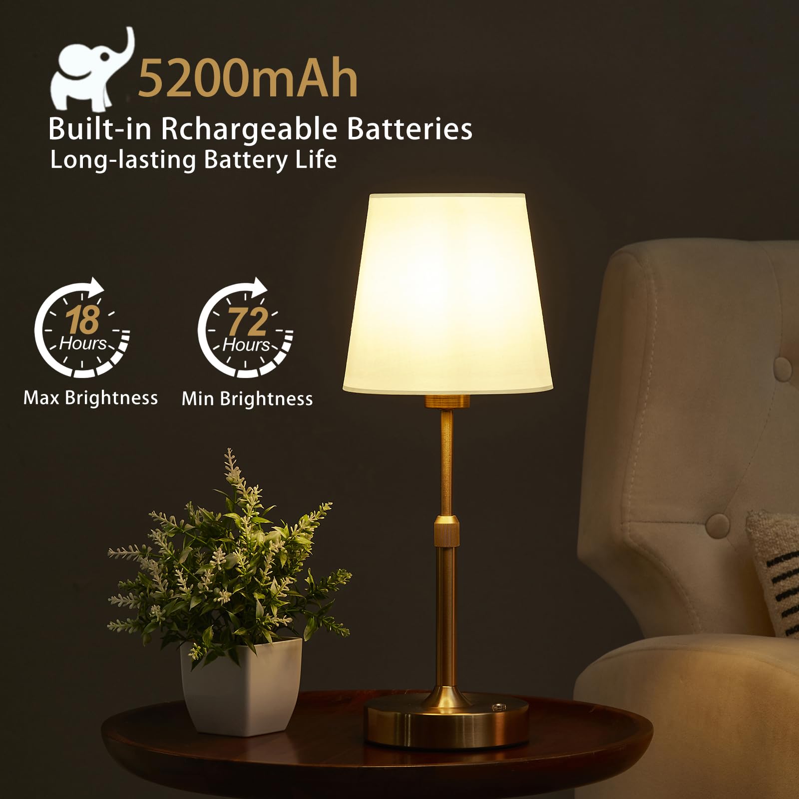 Butastur Cordless Table Lamp, 5200Mah Rechargeable Battery Operated Lamp, Small Touch Lamps For Nightstand With Stepless Dimming, Portable Battery Powered Table Lamps For Living Room, Bedroom (Gold)