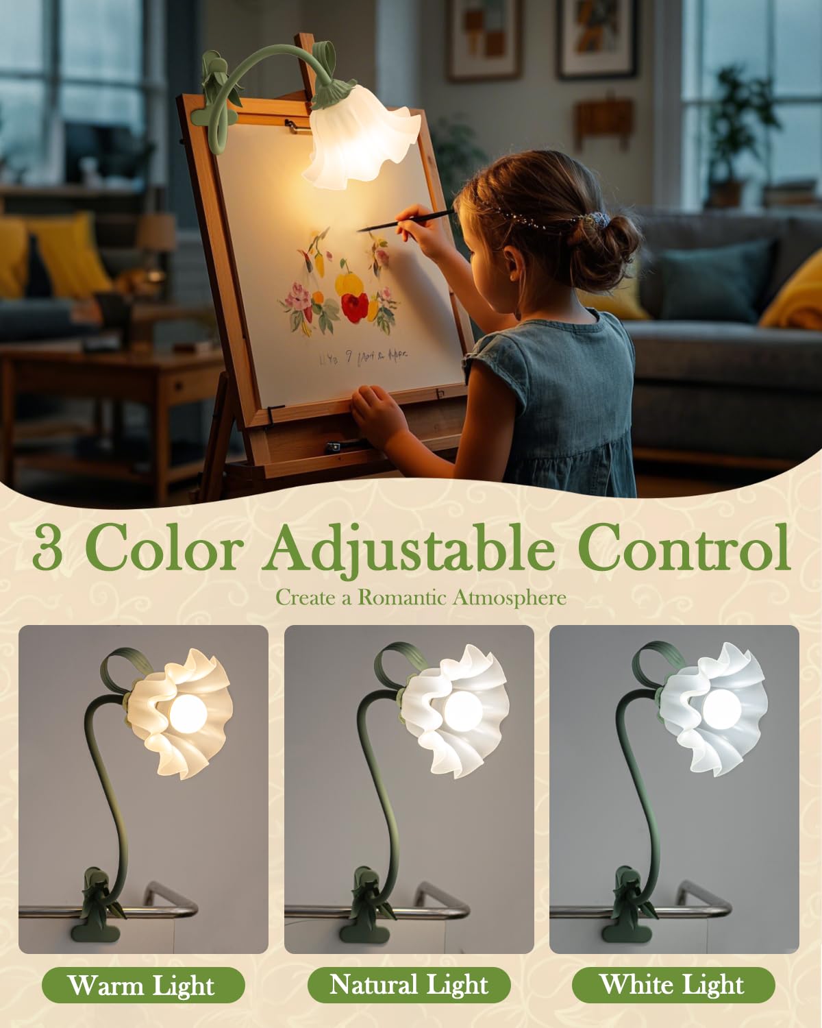 Werfop Flower Lamp Clip On Light, 3 Color Modes Eye-Caring Desk Lamp With Clamp For Bedside, Cute Gooseneck Reading Table Clamp Lamps For Home Office Bedroom Living Room (Green)