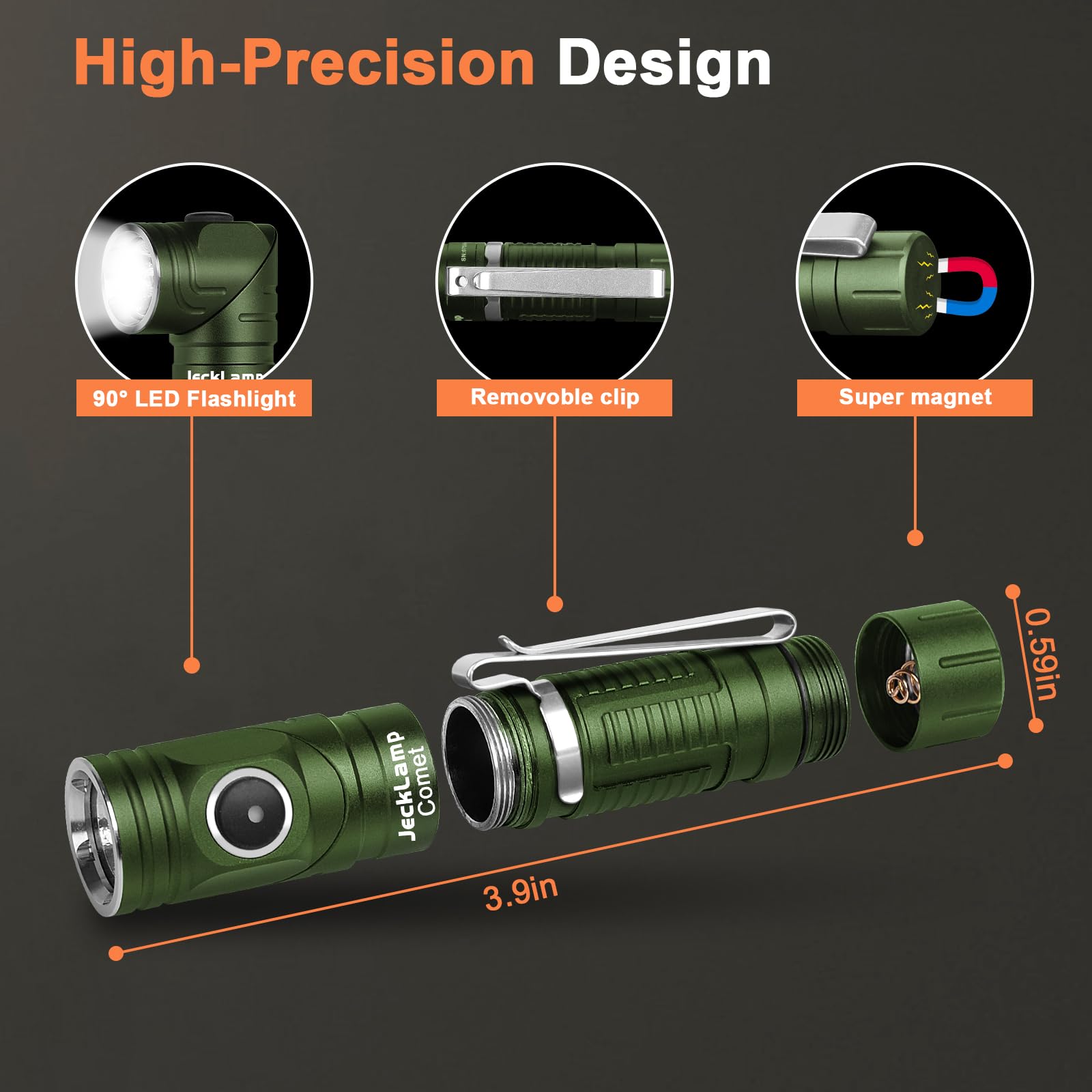 Jecklamp 90 Degree Edc Flashlight, 1200 High Lumens Magnetic Flashlight With Clip, 6 Modes Rechargeable Led Headlamp, Pocket Tactical Flashlight For Working, Camping（Battery Included）