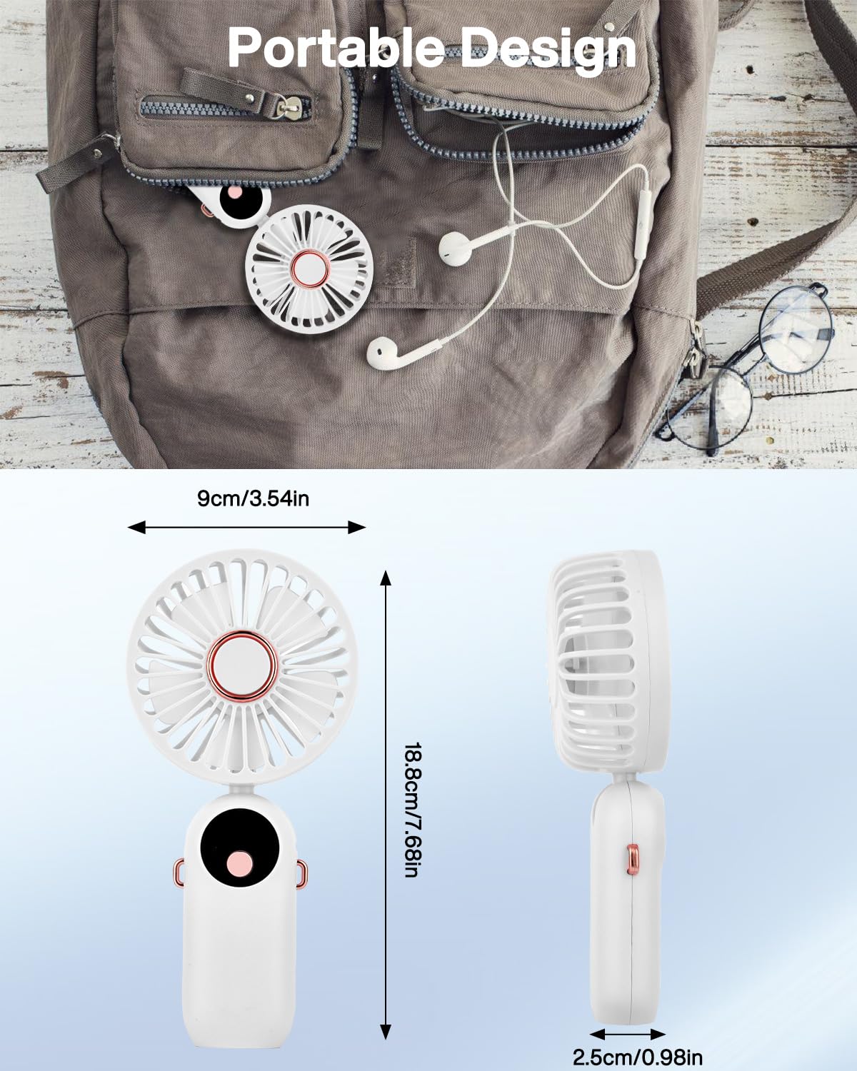 Handheld Fan, White Portable Fan Mini Desk Fan 90 Degrees Foldable 5 Speeds Standing With Base
