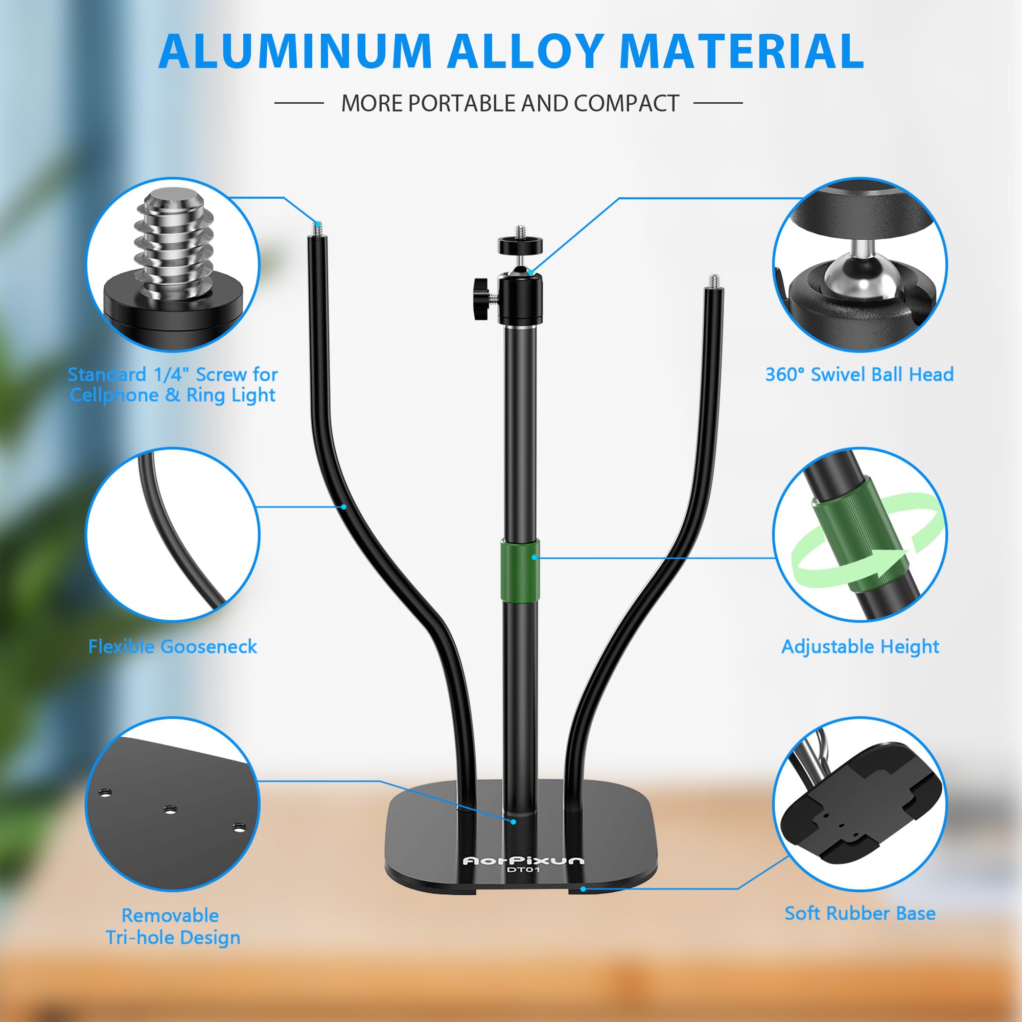 Aorpixun Webcam Stand For Desk 3 In 1 Flexible Webcam Mount Computer Camera Stand Desktop Microphone Stand With Phone Clip For Logitech Webcam Series, Ring Light, Phone, Mic And 1/4" Screw Device