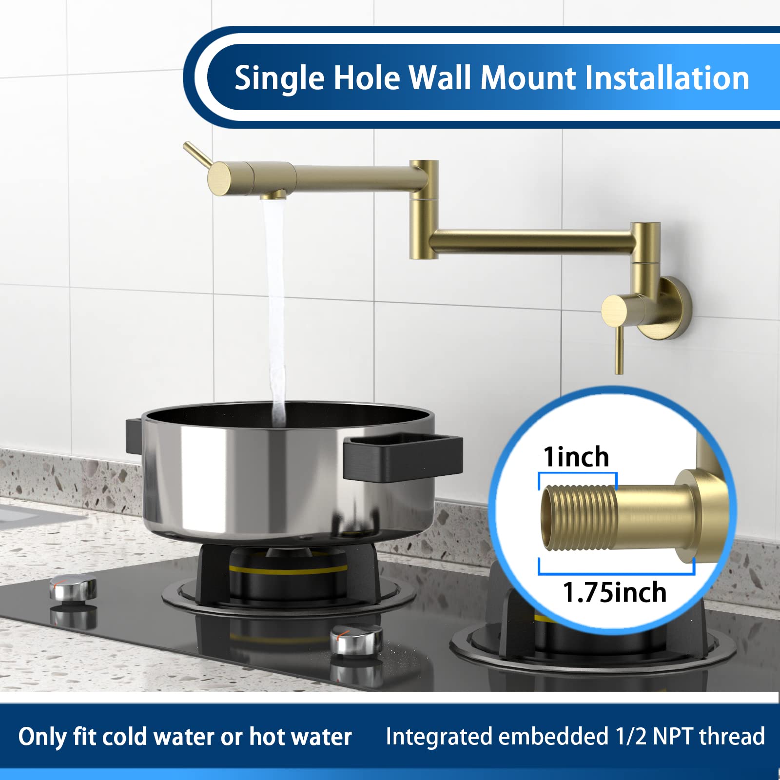 Gowin Gold Pot Filler Wall Mount Faucet, Brushed Gold, 1.8Gpm Aerator, 19" Reach, 3-Year Limited