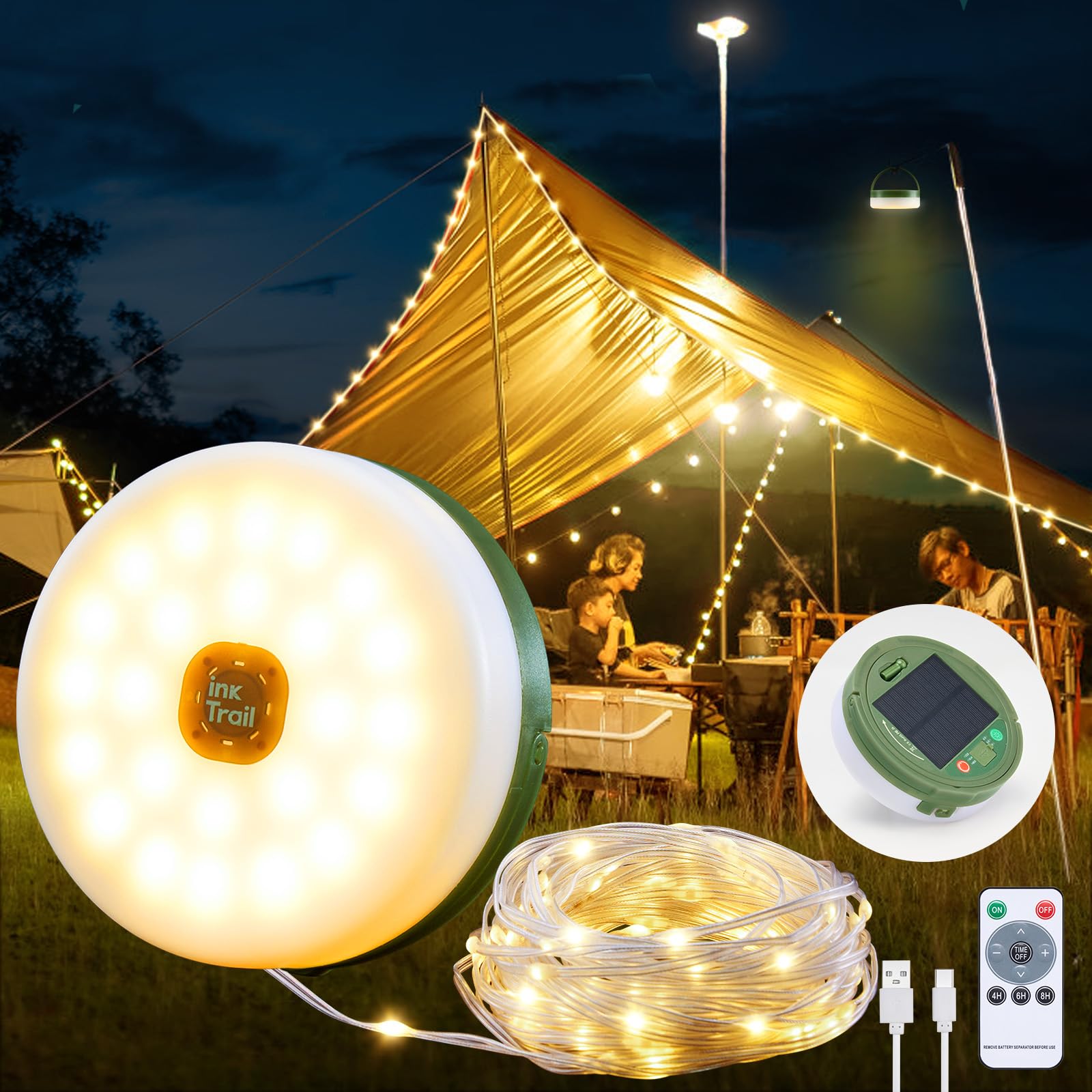 Inktrail Solar Camping String Lights, 4 In 1 Quick Storage 33Ft Rechargeable Tent Lights With 8 Lighting Modes, Hanging Waterproof Portable Retractable Led Lamp For Outdoor, Patio, Rv, Awning, Garden, Party