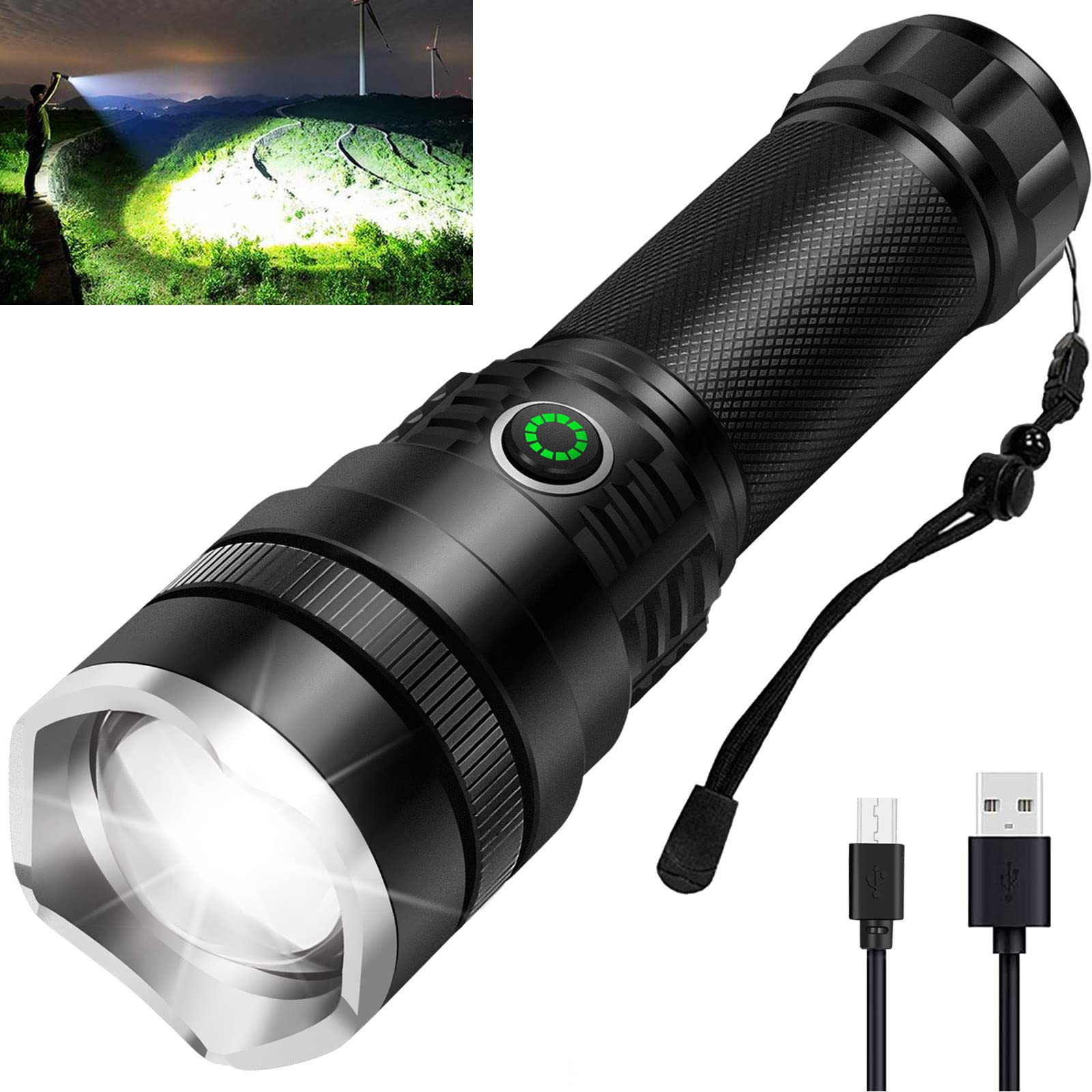 Bengmxj Rechargeable Flashlight High Lumens, 900000 Lumens Tactical Flashlights, Super Bright Led Flashlight With Zoomable, 5 Modes, Waterproof Flashlights For Camping, Hiking, Emergencies, Home