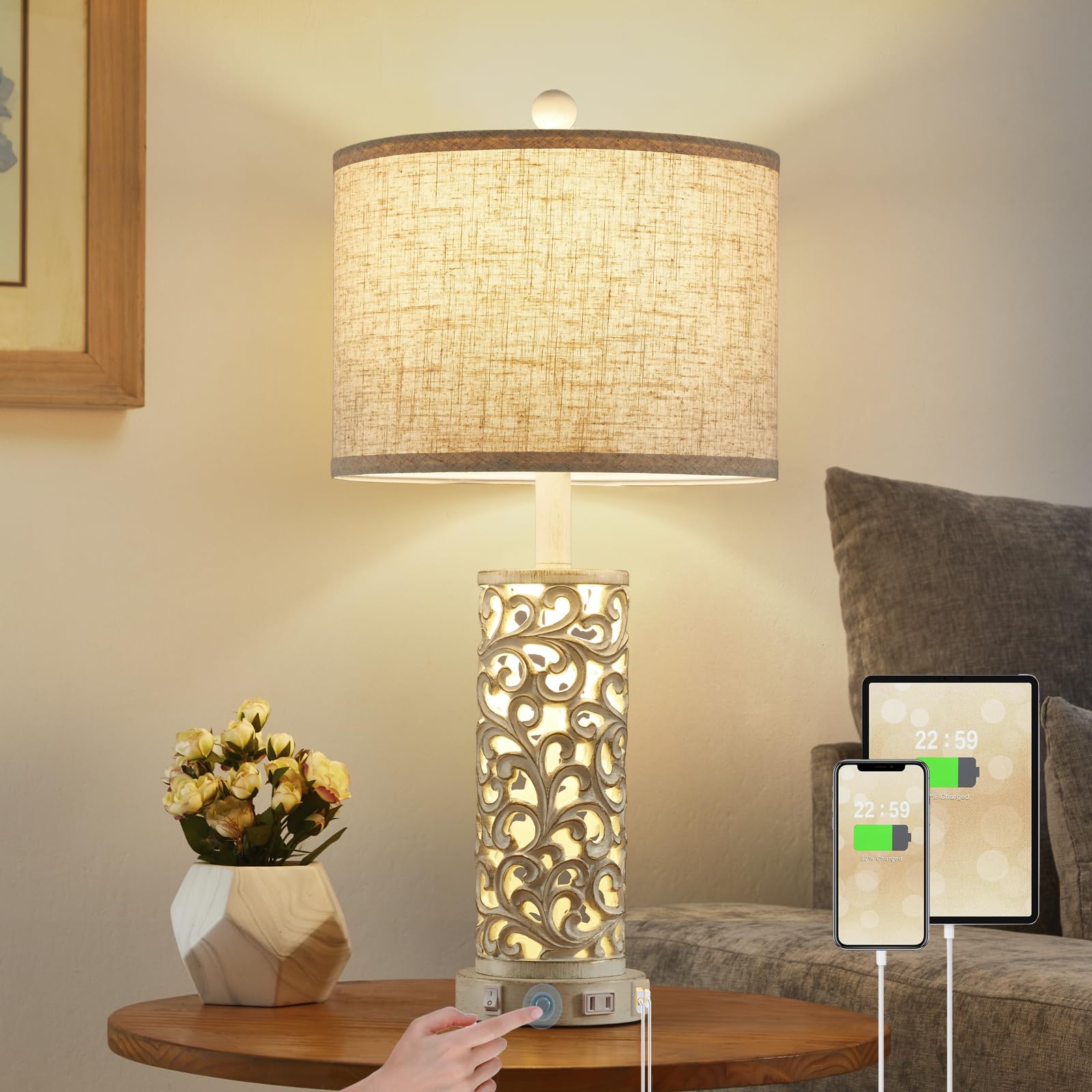 Saiweya 26" Farmhouse Table Lamp - 2 Usb A+C 3-Way Dimmable Touch Lamps With Nightlight For Living Room Bedroom Lamp Bedside Nightstand Lamps (Bulb Included)