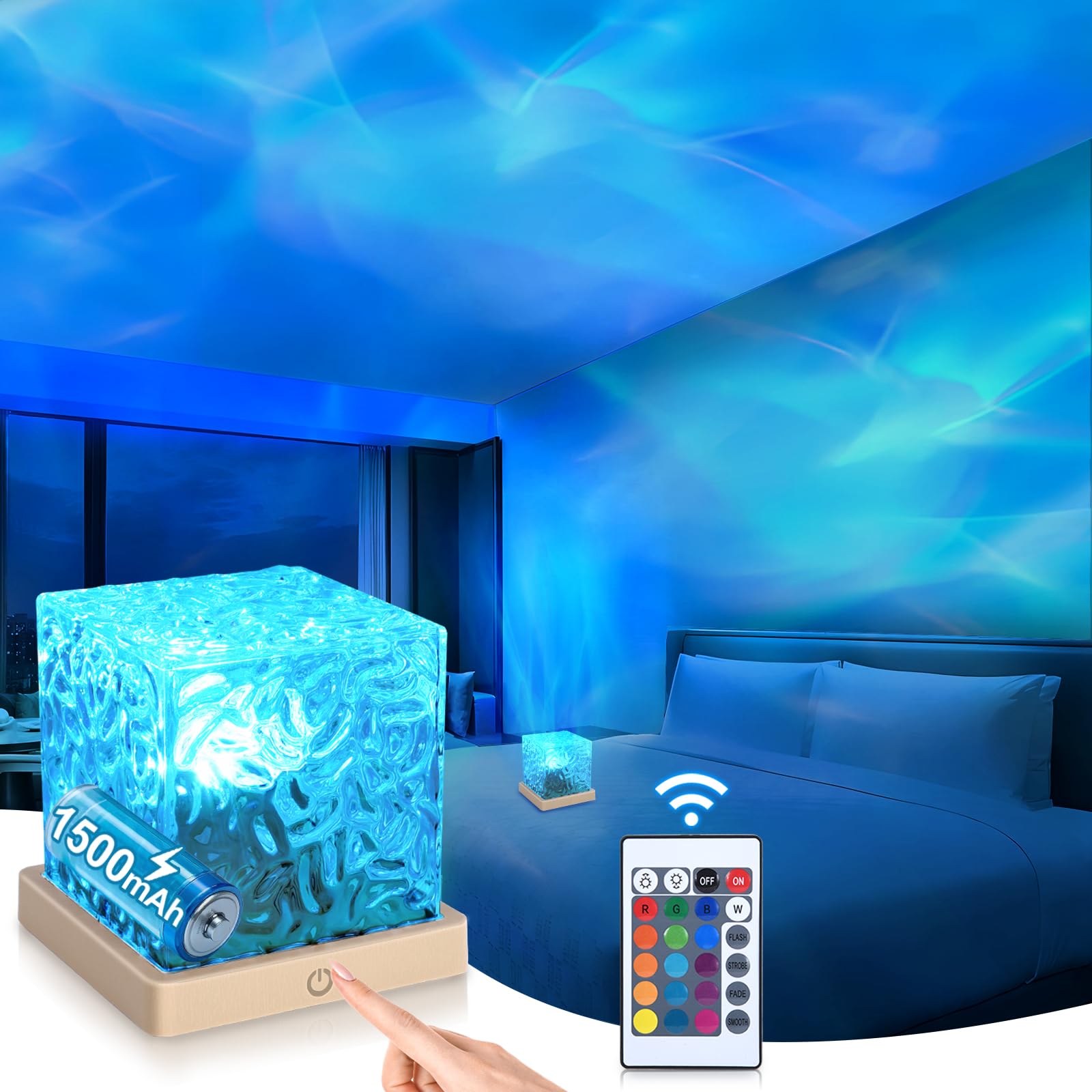 Smerkod Aurora Ocean Wave Projector Light, Cordless Rechargeable, 16 Colors 4 Modes Northern Lights Lamp With Touch & Remote For Bedroom, Water Ripple Night Light For Room Decor Ambient Mood Lighting
