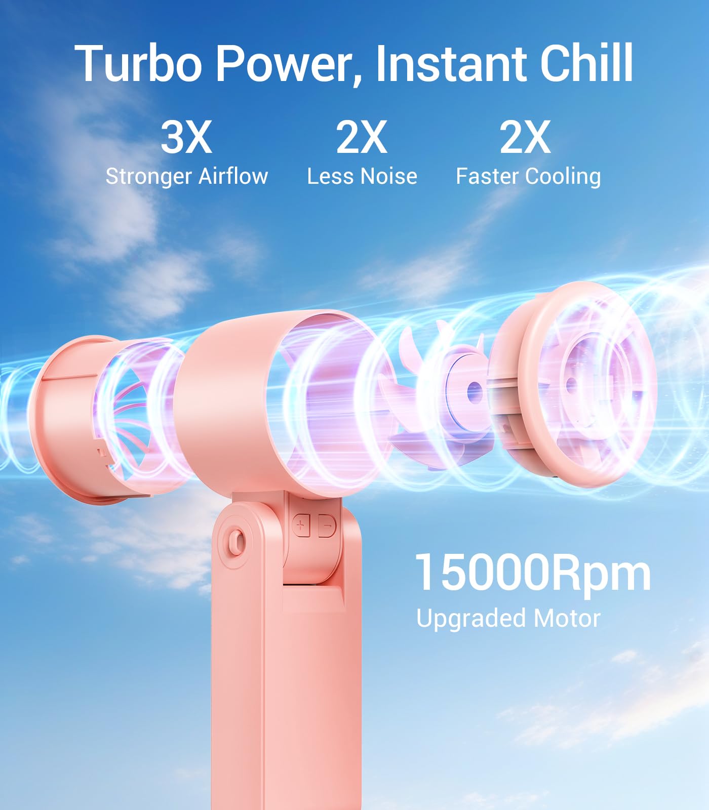 Rechargeable handheld turbo fan with 15000RPM motor for powerful personal cooling