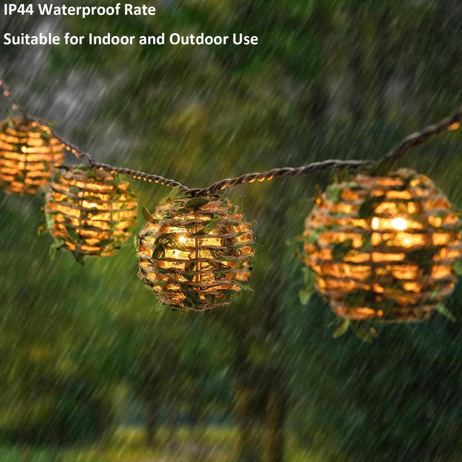 Twinkvilla Decorative Lantern String Lights, Outdoor Plug In Hanging Lights With 10 Natural Hemp Rope Leaf Balls, Connectable Weatherproof Patio Globe Boho String Lights For Home Pergola Porch Party Backyard