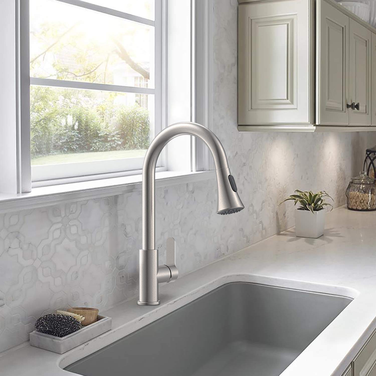 Amazing Force Kitchen Faucet With Pull Down Sprayer 2 Modes Stainless Steel Kitchen Sink Faucet Single Handle Faucet For Kitchen Sink Rv Kitchen Faucet Laundry Sink Faucet With 1.8Gpm, Brushed Nickel