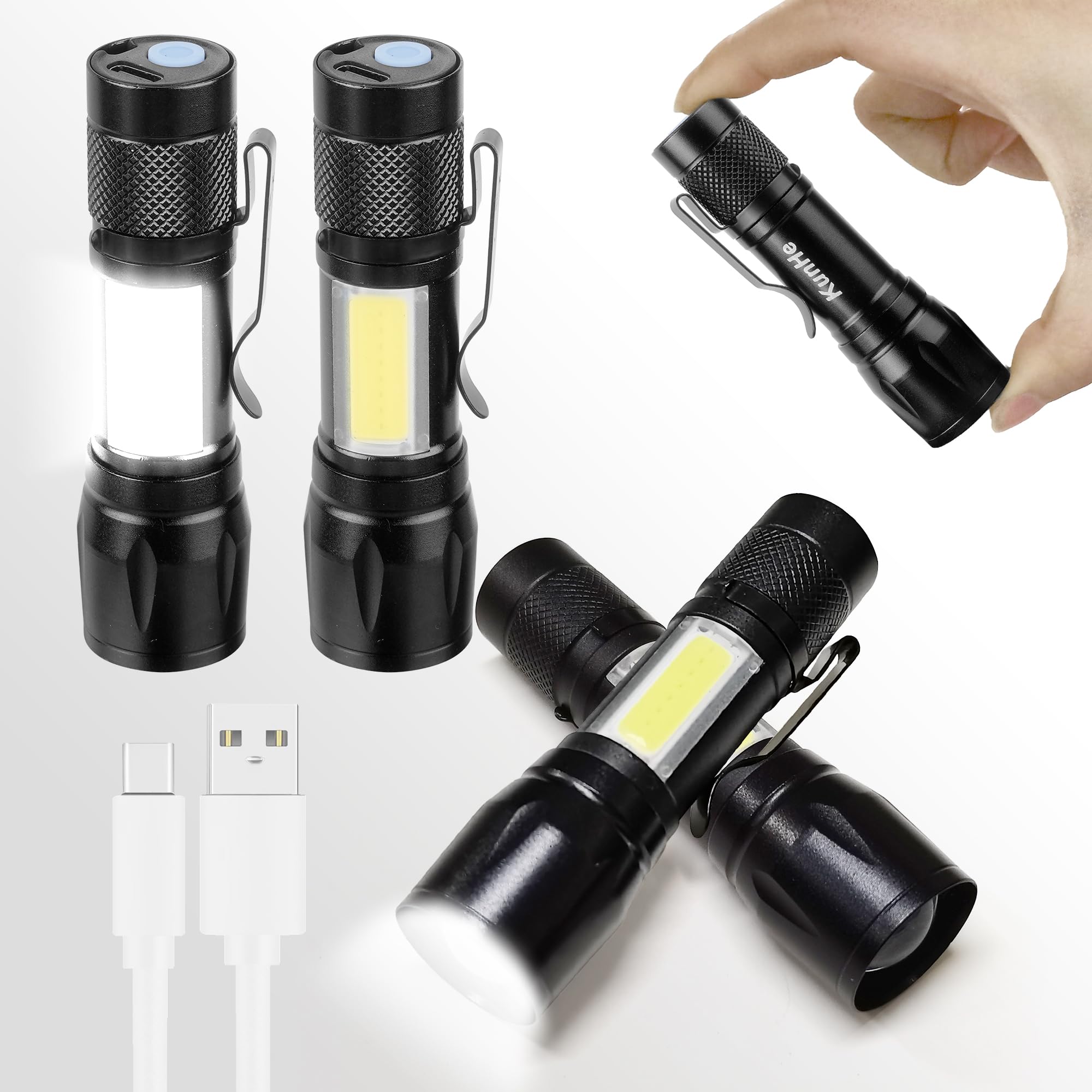 Kunhe Rechargeable Flashlights Usb-C Stocking Stuffers Small Led Lantern Flashlights Bright Clip-On Light Edc Flash Light With Side Cob Light For Camping Home Emergency 4 Pack