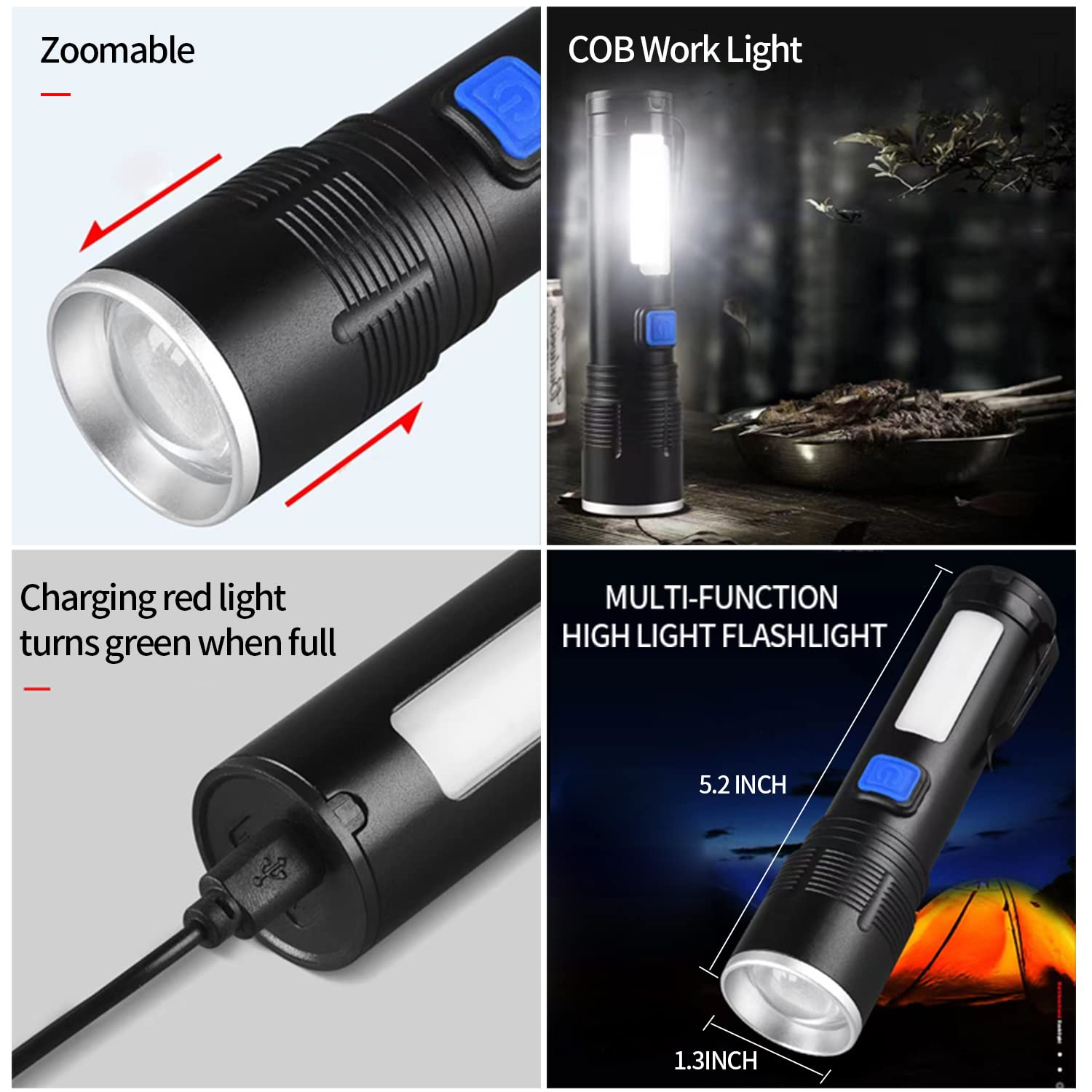 Yzyoe High Lumens Rechargeable Tactical Flashlights，Super Bright 100000 Lumen Flashlight， Cob Work Light，3 Modes Zoomable Emergency Camping Led Flashlights.