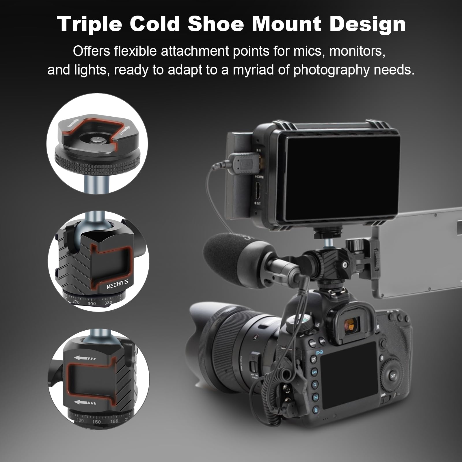 Mechrig Mini Ball Head Tripod Head With Triple Cold Shoe Mount, Aluminum Tripod Ball Head Mount For Dslr Action Camera/Smartphone/Led Light/Mic/Tripod/Monopod/Light Stand/Cage, Max Load 8.8Lb (62006)