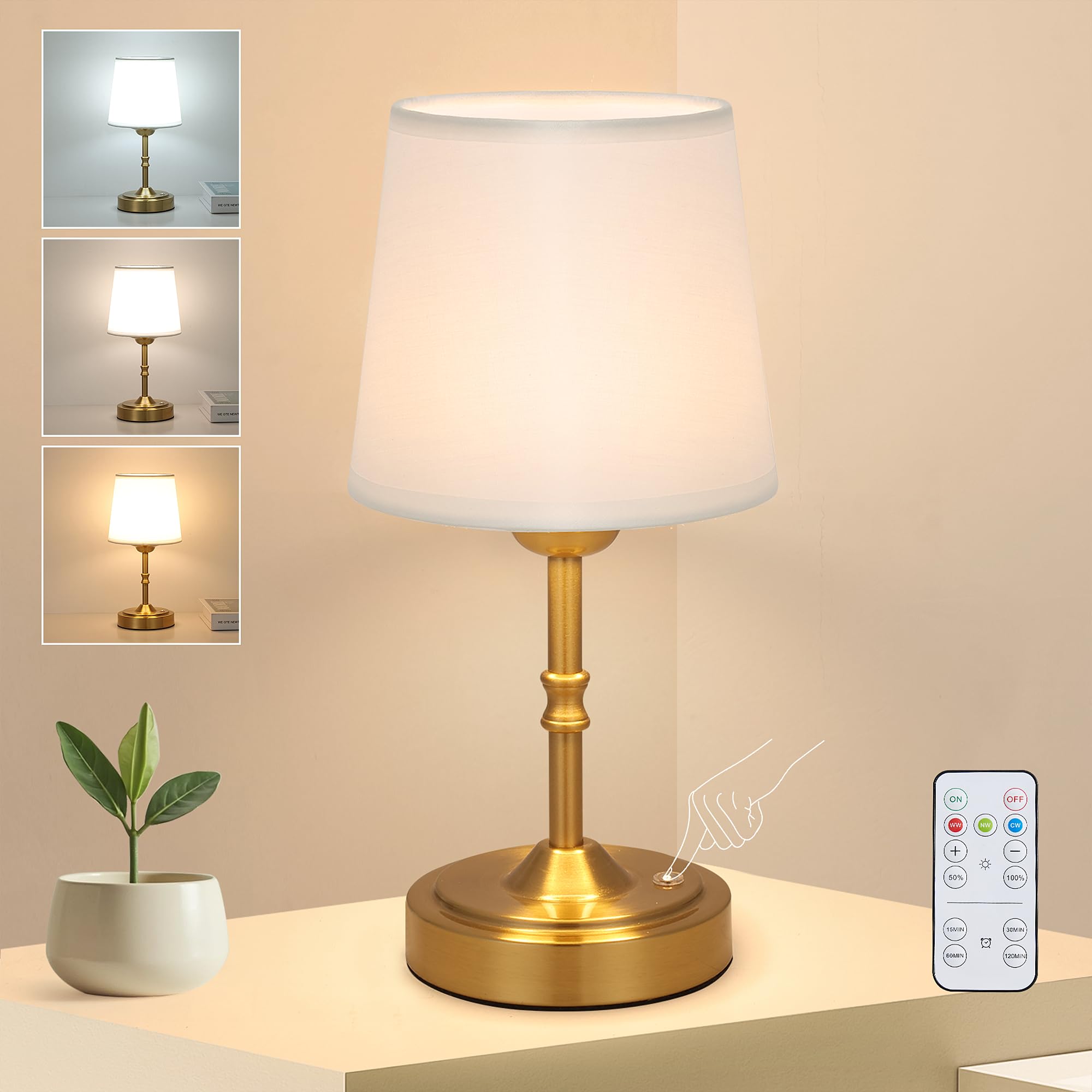 Hojoyri Vintage Gold Cordless Table Lamp With Remote And Touch Control, Wireless Small Led Battery Powered Rechargeable Portable Table Lamp, Dimmable 3 Color Mini Desk Lamp For Home Kithchen Patio