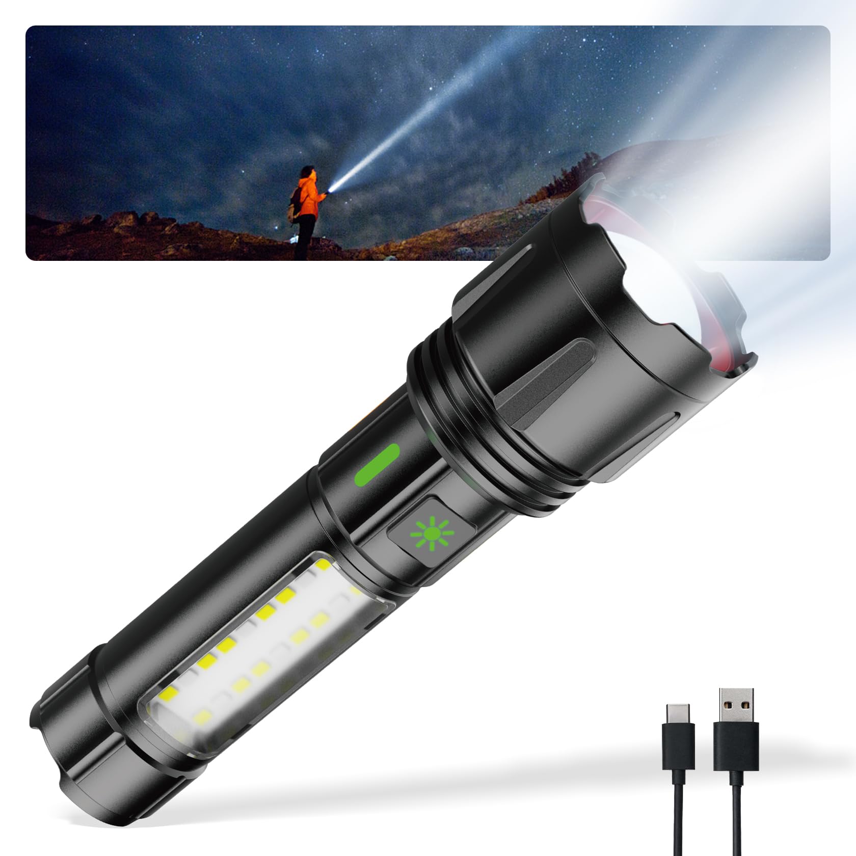 Lutw Rechargeable Flashlights High Lumens, Powerful Led Utility Flashlight Super Bright 5 Modes, Waterproof Camping Flashlight Zoomable Usb C, For Emergency Hiking Home , 1 Pack