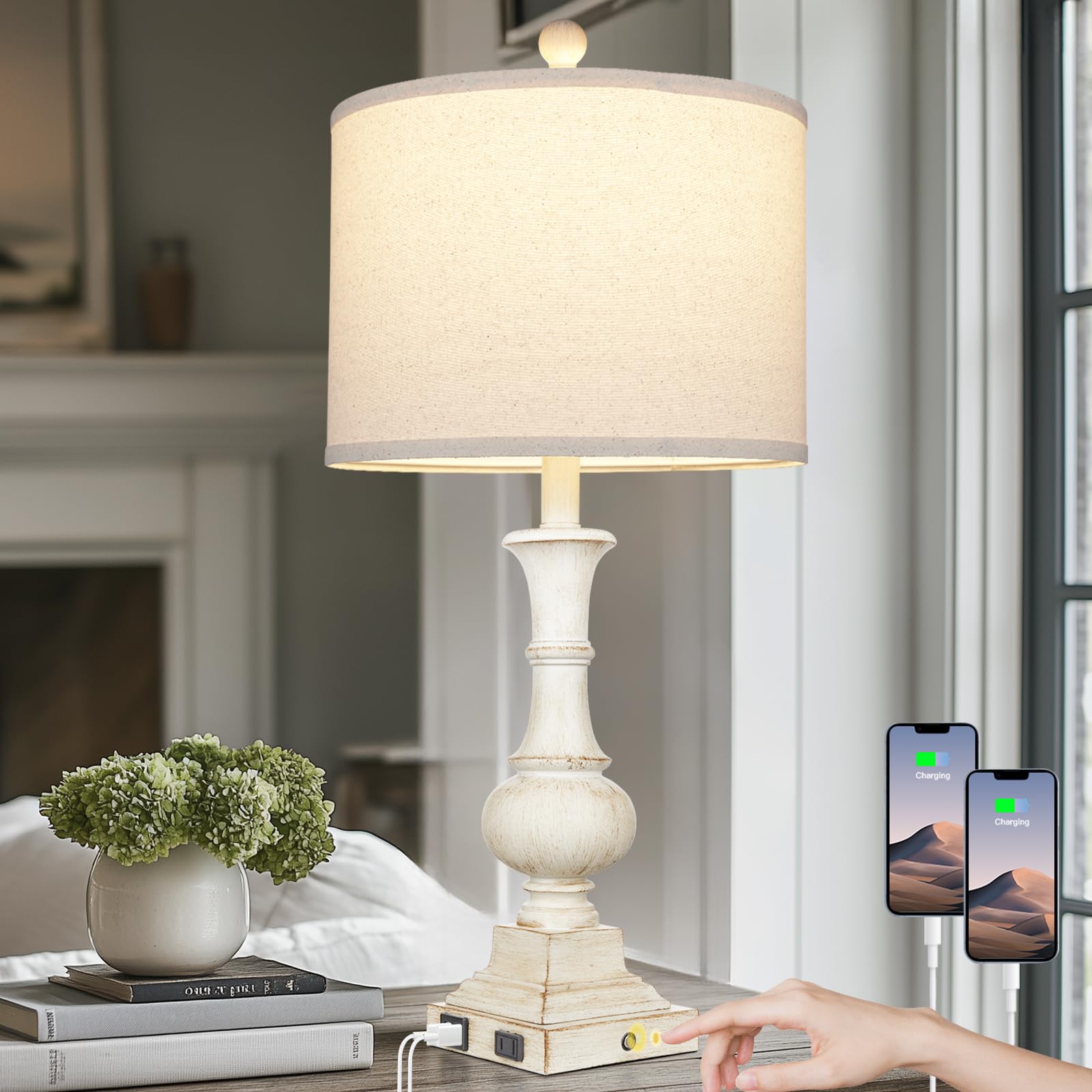 Lolikit 26" Farmhouse Table Lamp, Vintage Rustic Touch Control Bedside Lamp With 2 Usb Ports & Ac Outlet, Boho Resin 3-Way Dimmable Nightstand Lamp Linen Fabric Shade For Living Room Bedroom End Table White