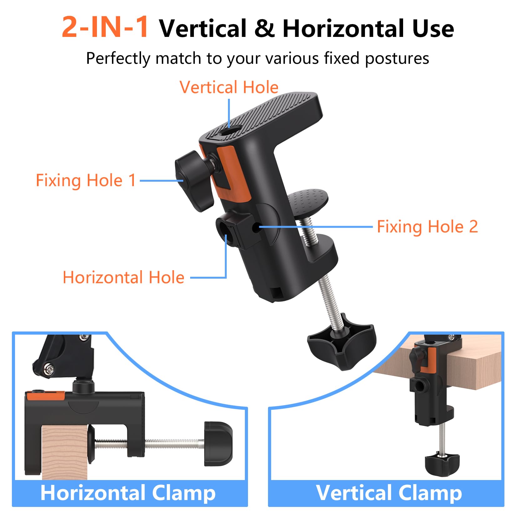 Lilanzo Table Clamp Mount For Microphone Stand, 2-In-1 Mic Boom Arm Clamp Table C Clip For Desktop Overhead Camera Tripod Mic Stand Lamp Base, Fits Up To 2.56 Inch 6.5Cm Desktop Thickness, 1 Pcs