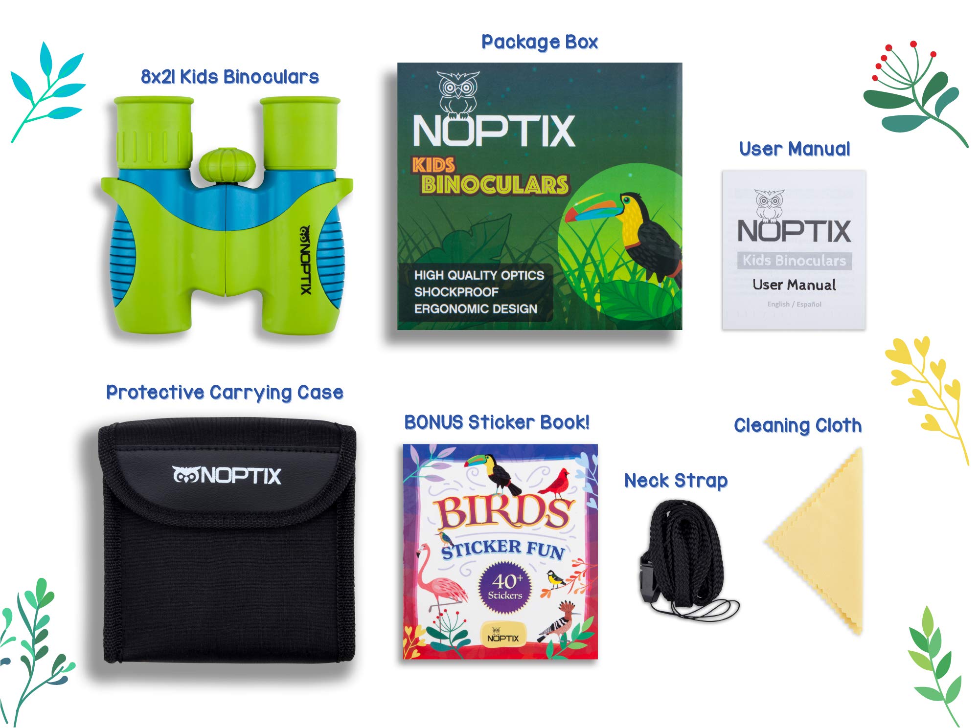 Noptix Binoculars For Kids, Girls Or Boys Real Kids Binoculars In Vibrant Green Blue - Includes Sticker Book With 40 Bird Species - Kids Toys Small Binoculars, Toddler Binoculars
