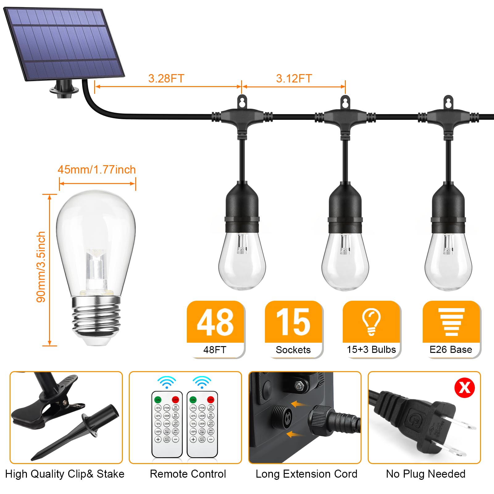 Mlambert 3-Color In 1 Solar String Lights Outdoor Waterproof Dimmable, 48Ft Remote Led Patio Lights,15 Hanging Sockets Shatterproof Light For Backyard