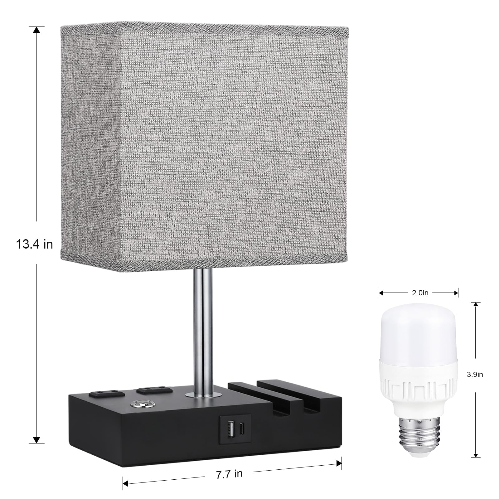 Kakanuo Nightstand Lamp For Bedroom With Dual Usb Ports, Grey Touch Control Bedside Table Lamp With Charging Outlets And Phone Stands, 3-Way Dimmable Desk Lamp For Living Room, Led Bulb Included