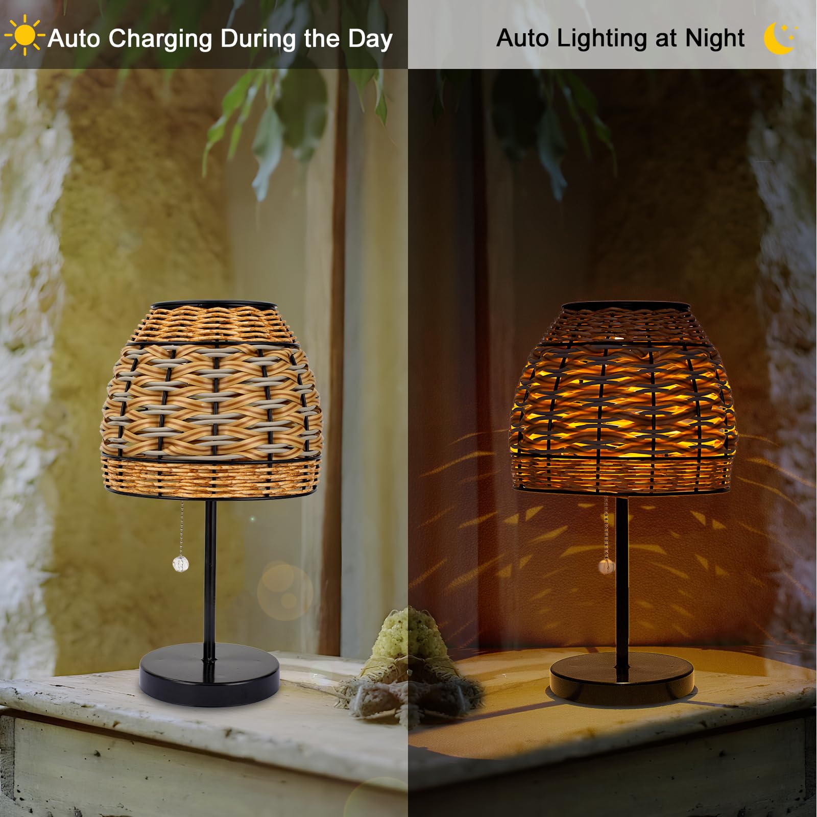 Livinlarge Outdoor Solar Table Lamp,3 Color Temperatures Bedside Lamps With Usb-C Ports,Boho Desk Lamps Pull Chain Table Lamps With Black Metal Base For Garden,Yard,Patio,Lawn Outdoor Decor