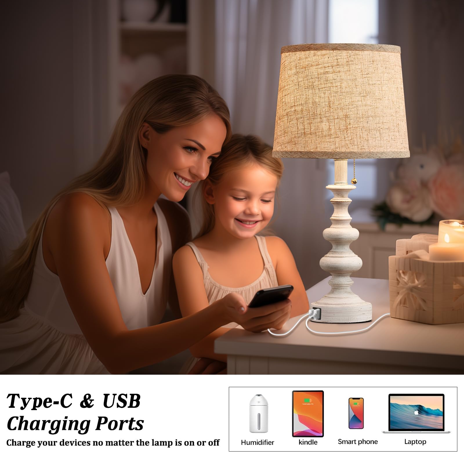 Bowobo 21'' Farmhouse Table Lamps For Bedroom Set Of 2 Rustic Bedside Lamps For Nightstand With Usb A+C Ports White Side Table Lamps For Living Room End Table Office Pull Chain