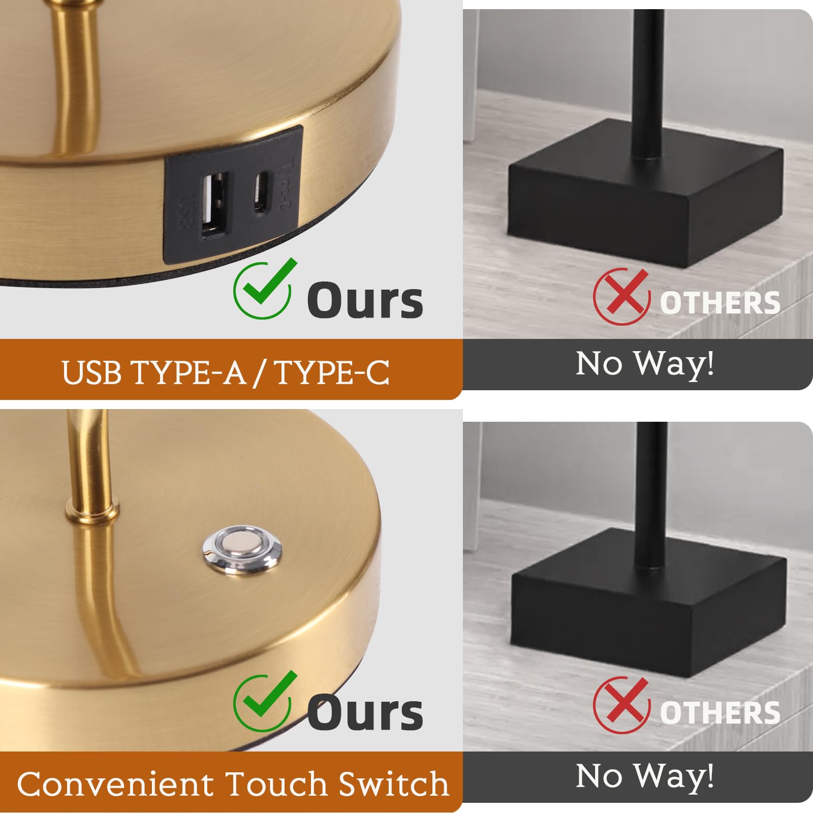 Eidearay Table Lamp For Bedroom, Modern Table Lamp With Touch Dimmable And Pleated Beige Lampshade, Gold Bedside Tables Lamp With Usb C+A Charging Ports For Bedroom Living Room Home Office