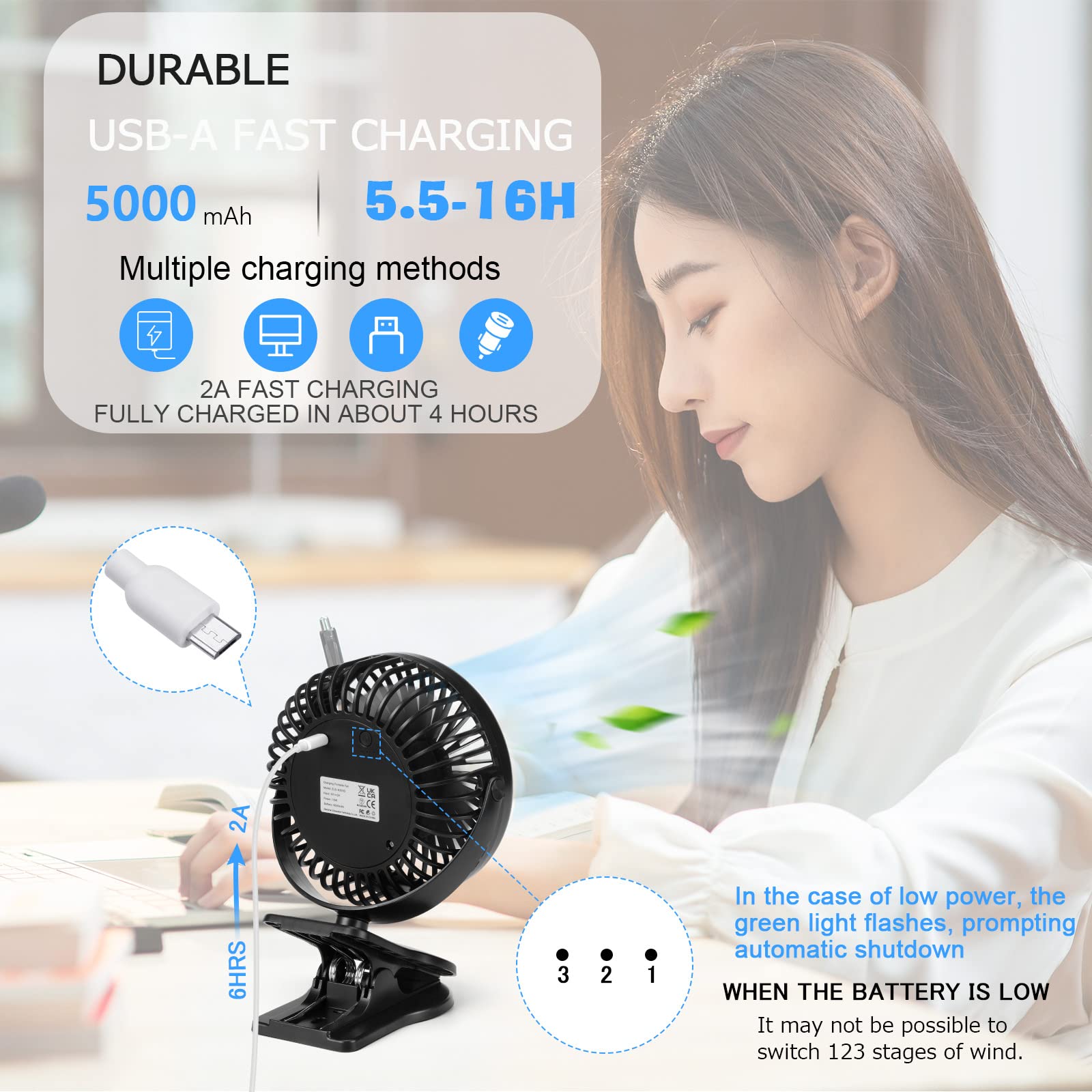 Aogeli rechargeable mini fan with 5000mAh battery, 3-speed settings, perfect for clip-on use and bedside cooling