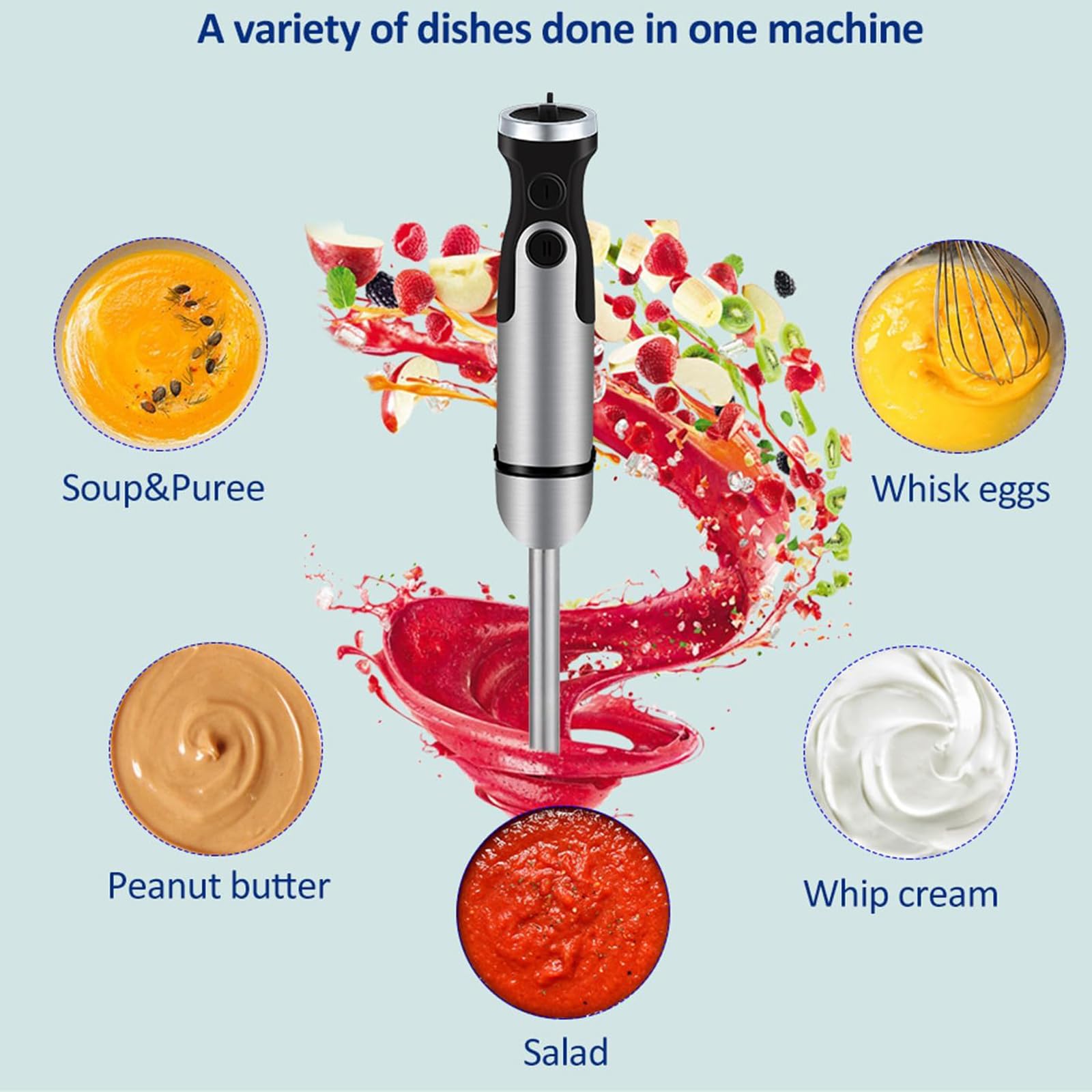 Hyykeji 5 In1 Immersion Hand Blender, 1200W Stainless Steel Handheld Blender Mixer, 6 Speed Speed Adjustment, Easy To Clean, Powerful And Stable, For Smoothie, Baby Food, Sauces