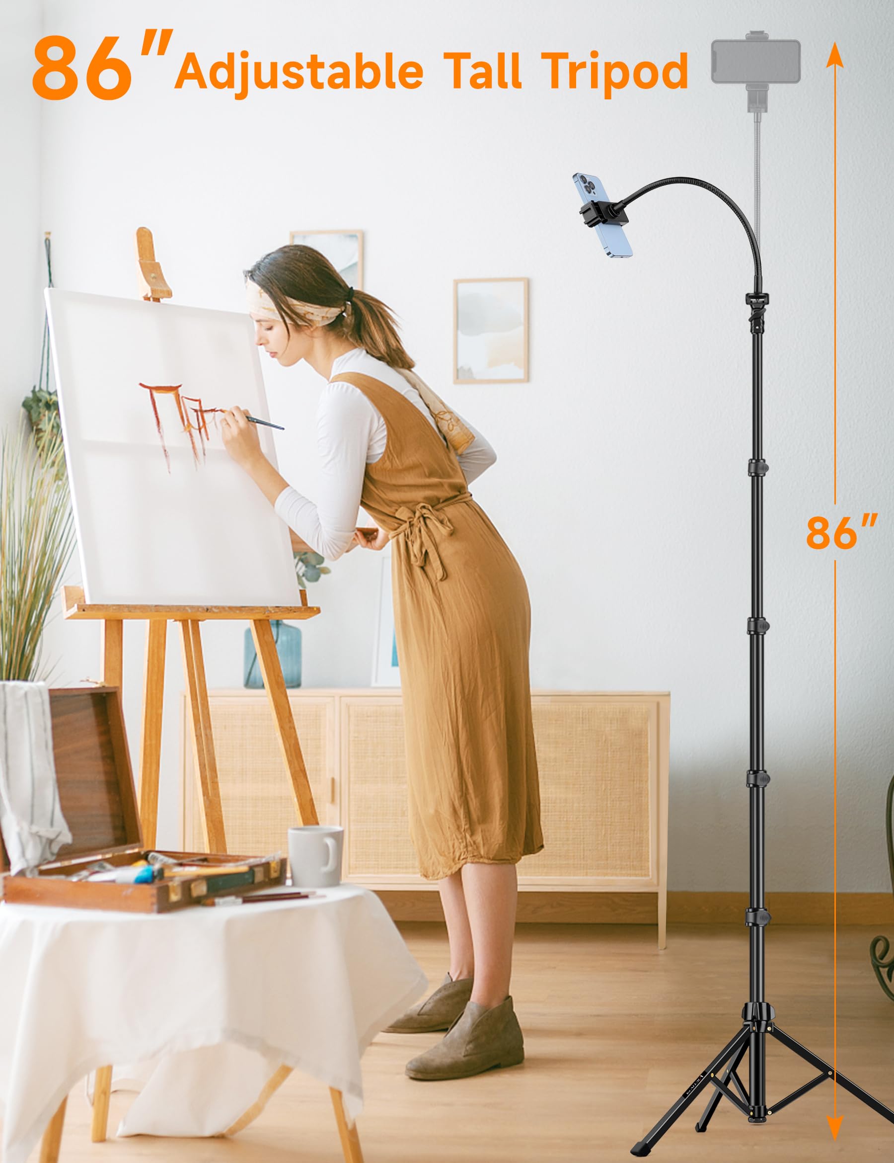 Victiv Phone Tripod, 86" Tall Tripod For Iphone With Flexible Gooseneck & Remote, Portable Aluminum Cellphone Stand For Selfies, Video Recording,Travel, Compatible With Iphone Android