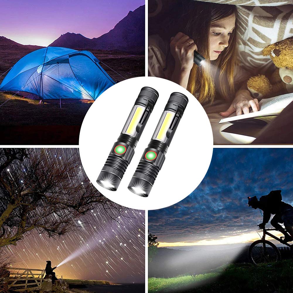 Itoncs Led Rechargeable, 2000 Lumens Super Bright Magnetic Flashlight With Cob Work Light, Waterproof, 4 Modes, Pocket Utility Flashlights For Outdoor Camping Emergency 2 Packs